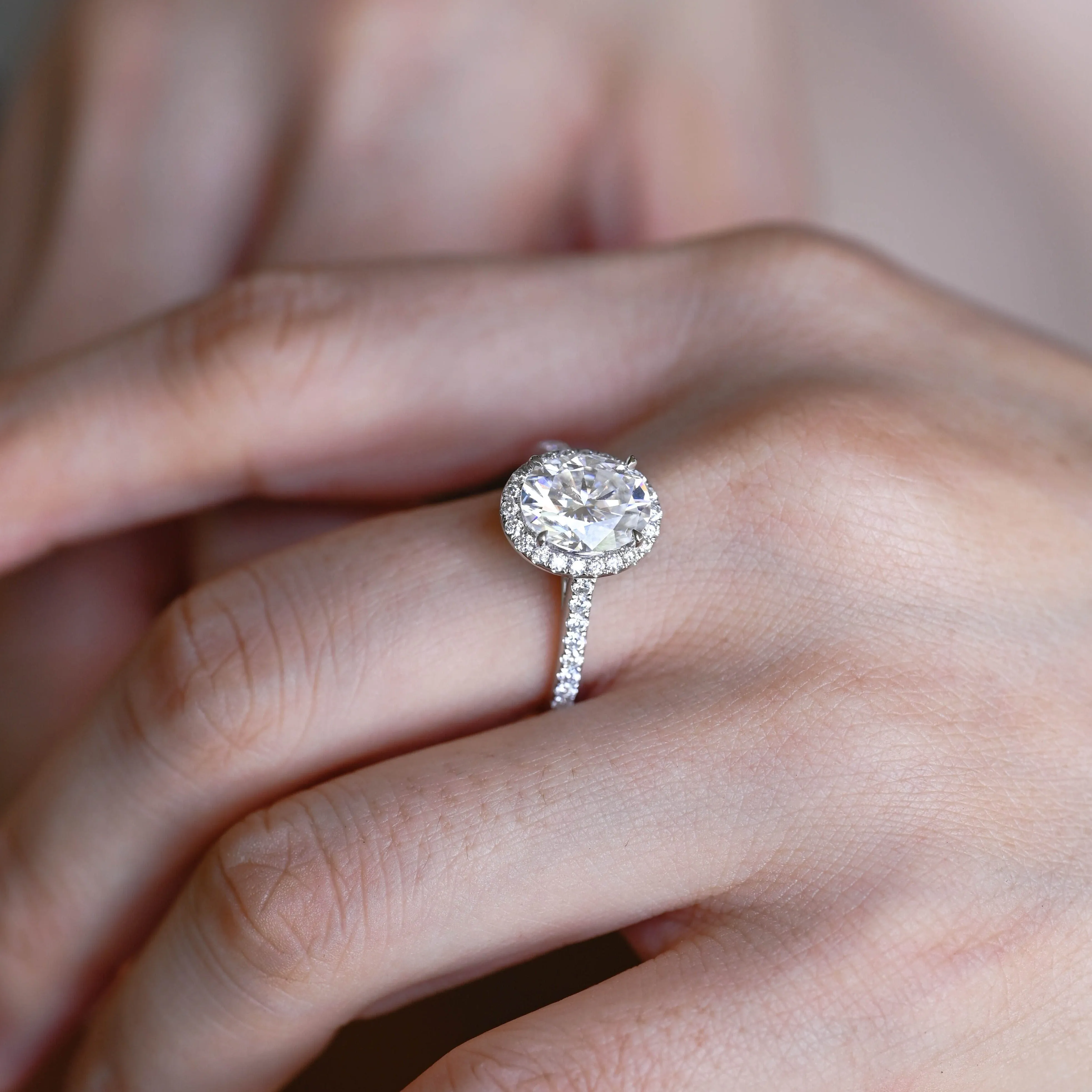 Solid Gold Cathedral Setting Halo Oval Cut Moissanite Engagement Ring sold by Causyou product image thumbnail 4