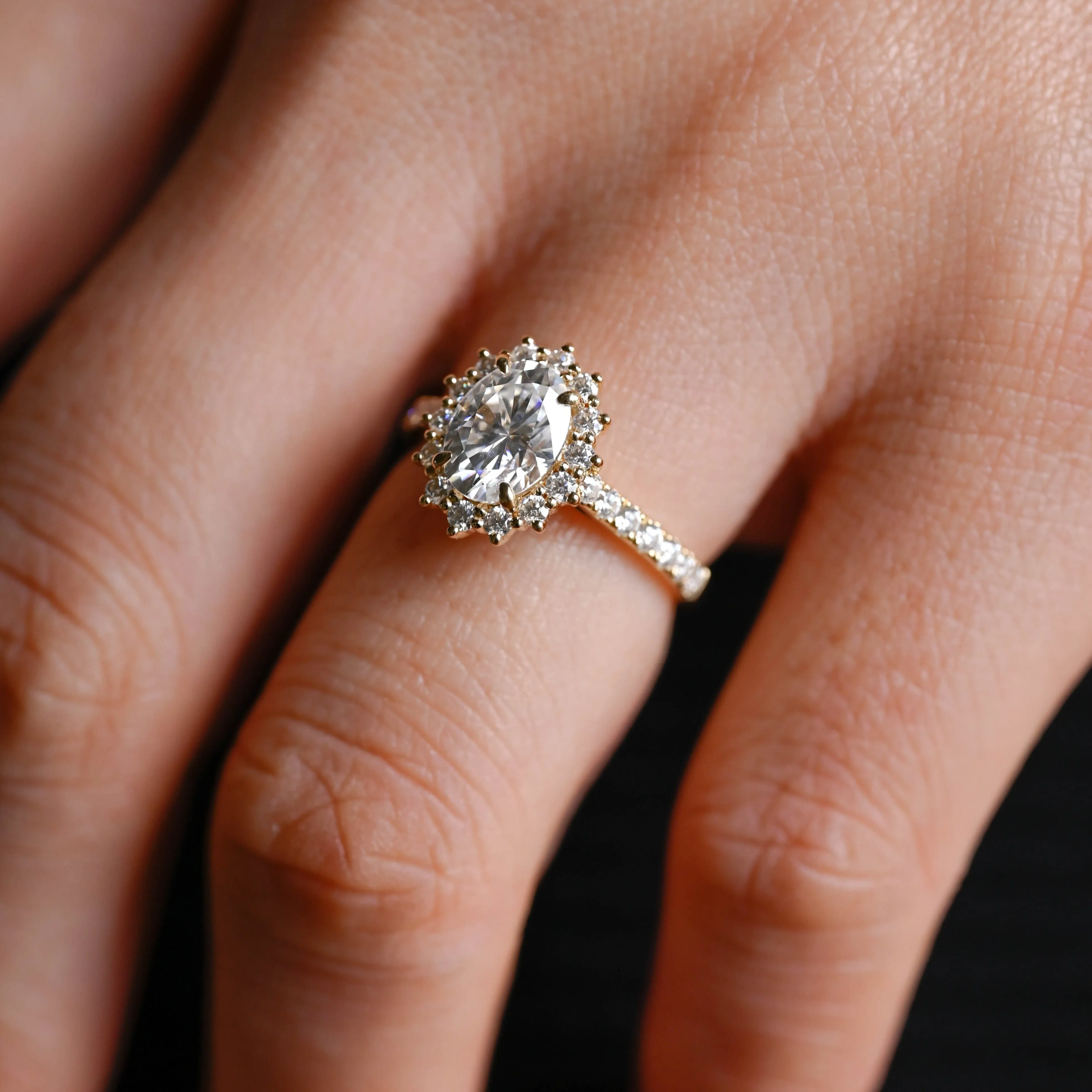 Solid Gold Starburst Pave Halo Oval Cut Moissanite Engagement Ring sold by Causyou product image thumbnail 2