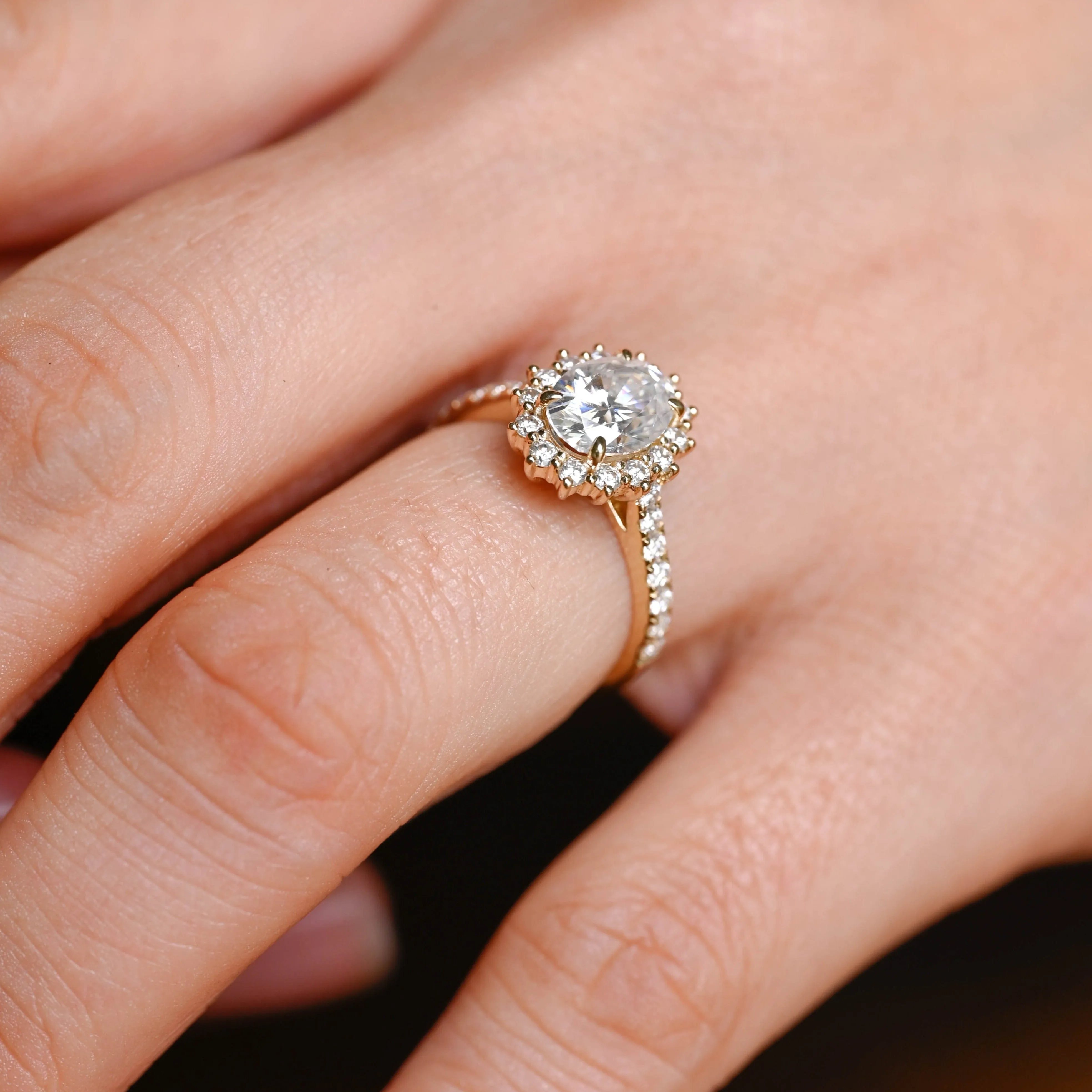Solid Gold Starburst Pave Halo Oval Cut Moissanite Engagement Ring sold by Causyou product image thumbnail 4