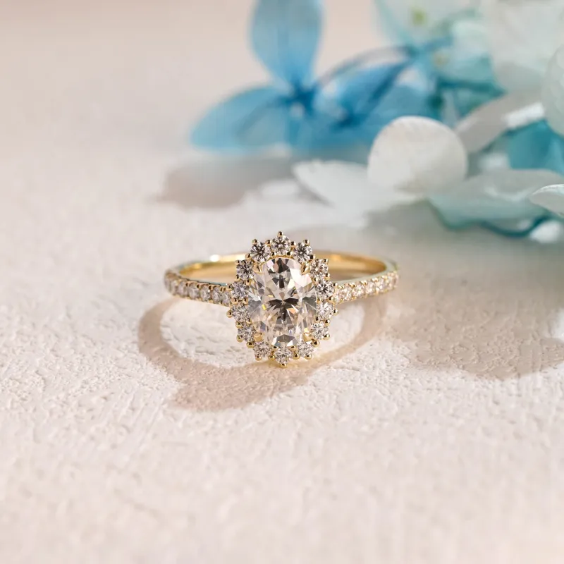 Solid Gold Starburst Pave Halo Oval Cut Moissanite Engagement Ring made by Causyou