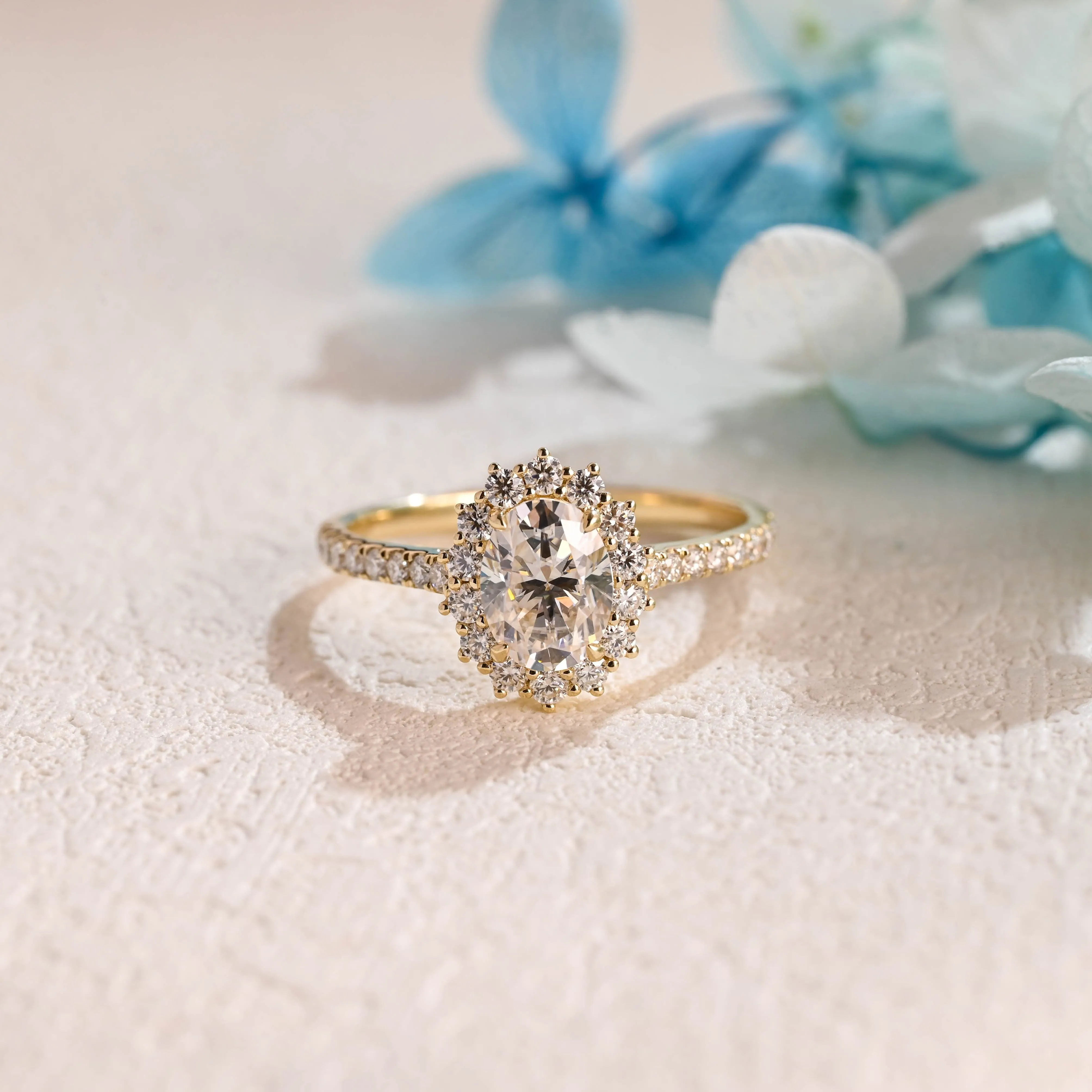 Solid Gold Starburst Pave Halo Oval Cut Moissanite Engagement Ring sold by Causyou