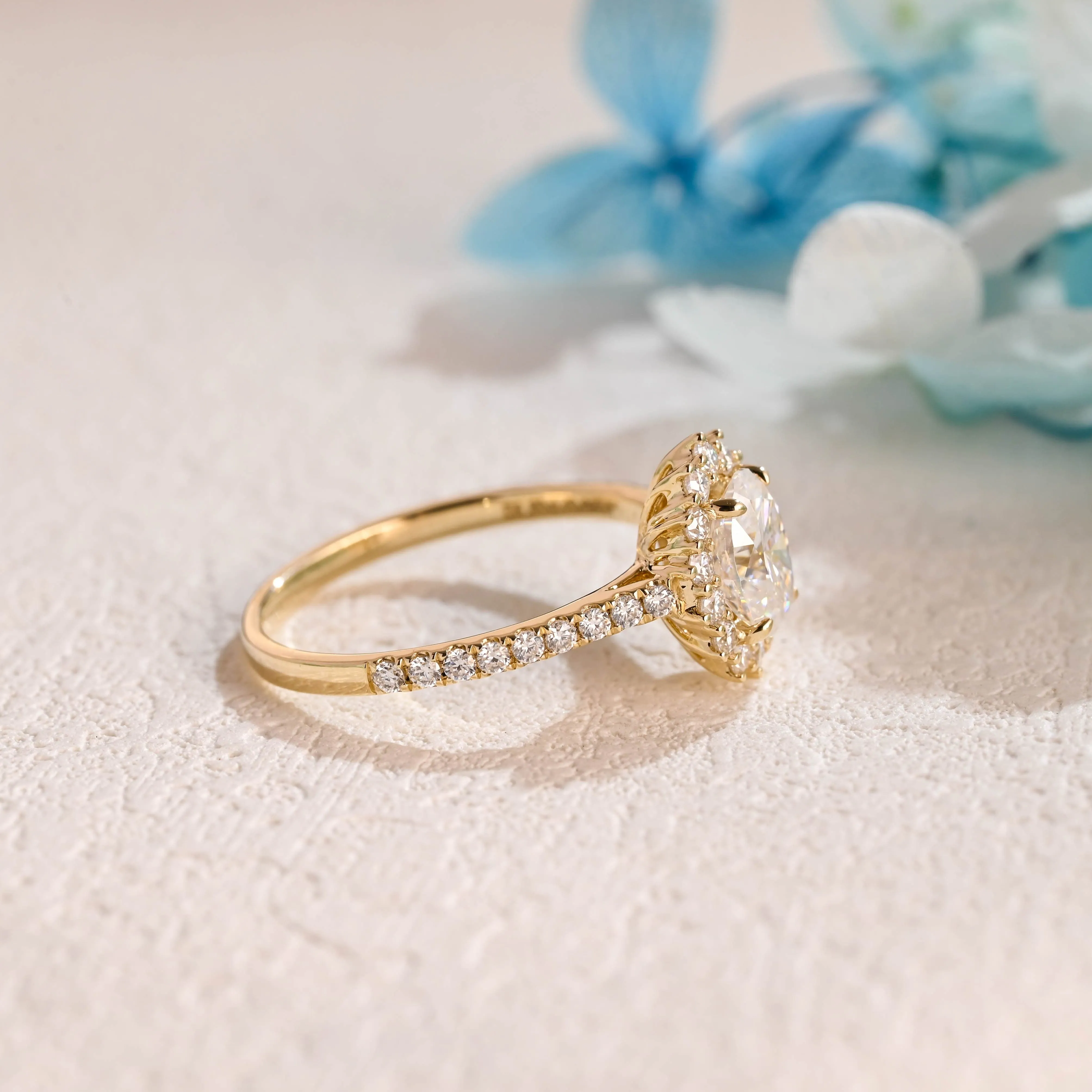 Solid Gold Starburst Pave Halo Oval Cut Moissanite Engagement Ring sold by Causyou product image thumbnail 5