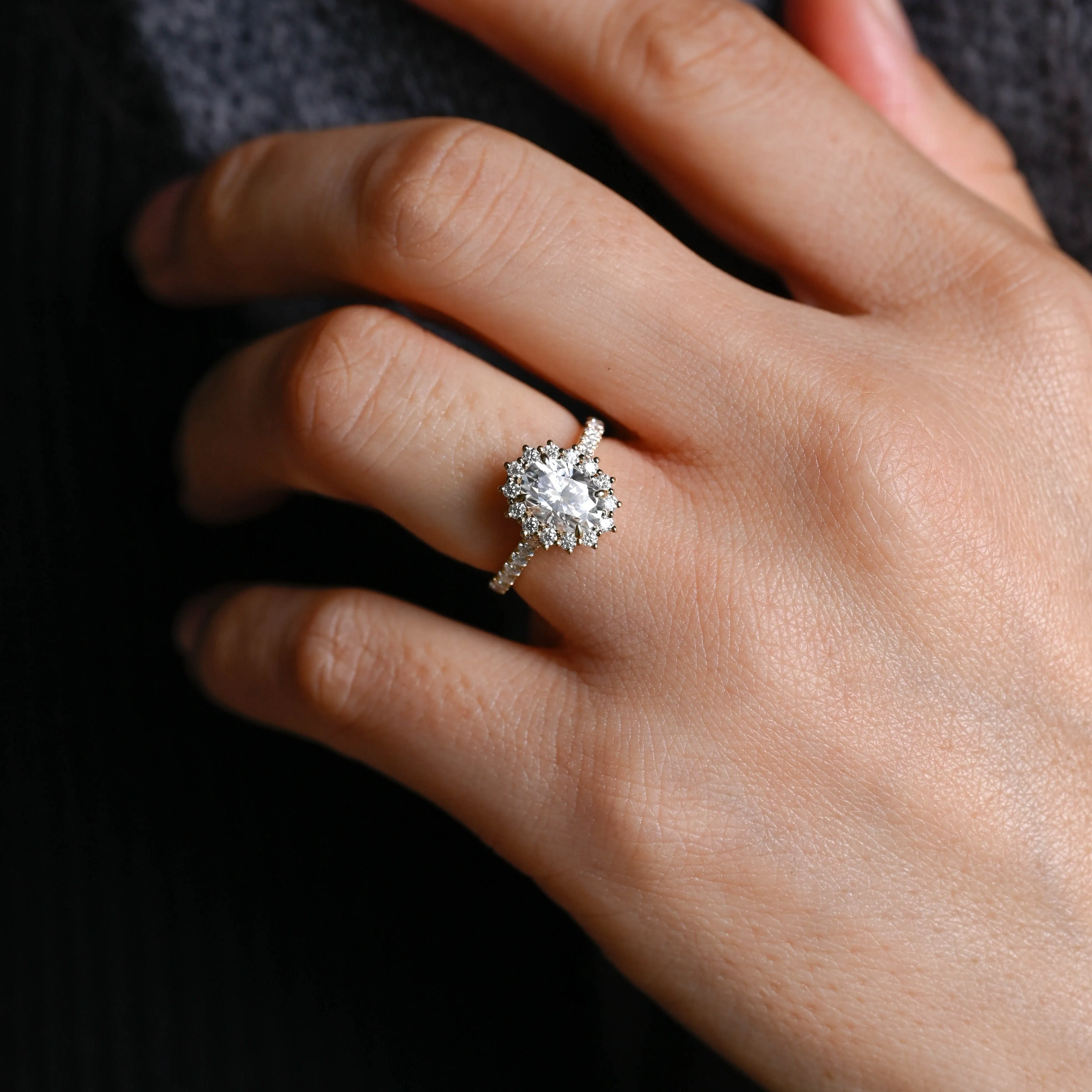 Solid Gold Starburst Pave Halo Oval Cut Moissanite Engagement Ring sold by Causyou product image thumbnail 3