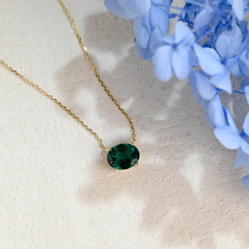 Solid Gold Oval Cut Lab Grown Emerald Pendant Necklace made by Causyou