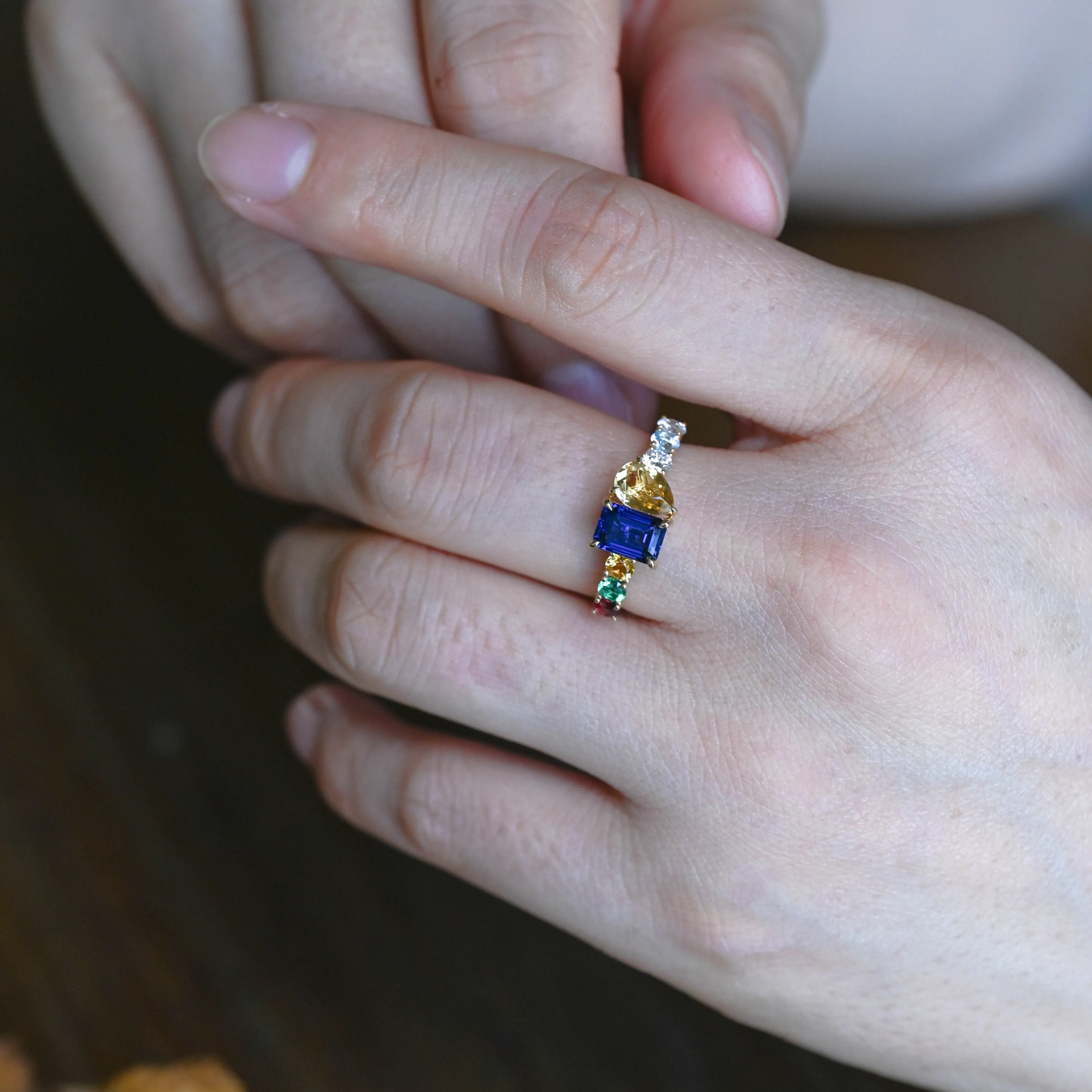 Solid Gold Toi et Moi Pear Citrine & Emerald Cut Blue Sapphire Engagement Ring sold by Causyou product image thumbnail 3