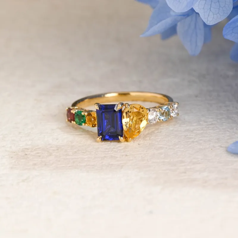 Solid Gold Toi et Moi Pear Citrine & Emerald Cut Blue Sapphire Engagement Ring made by Causyou