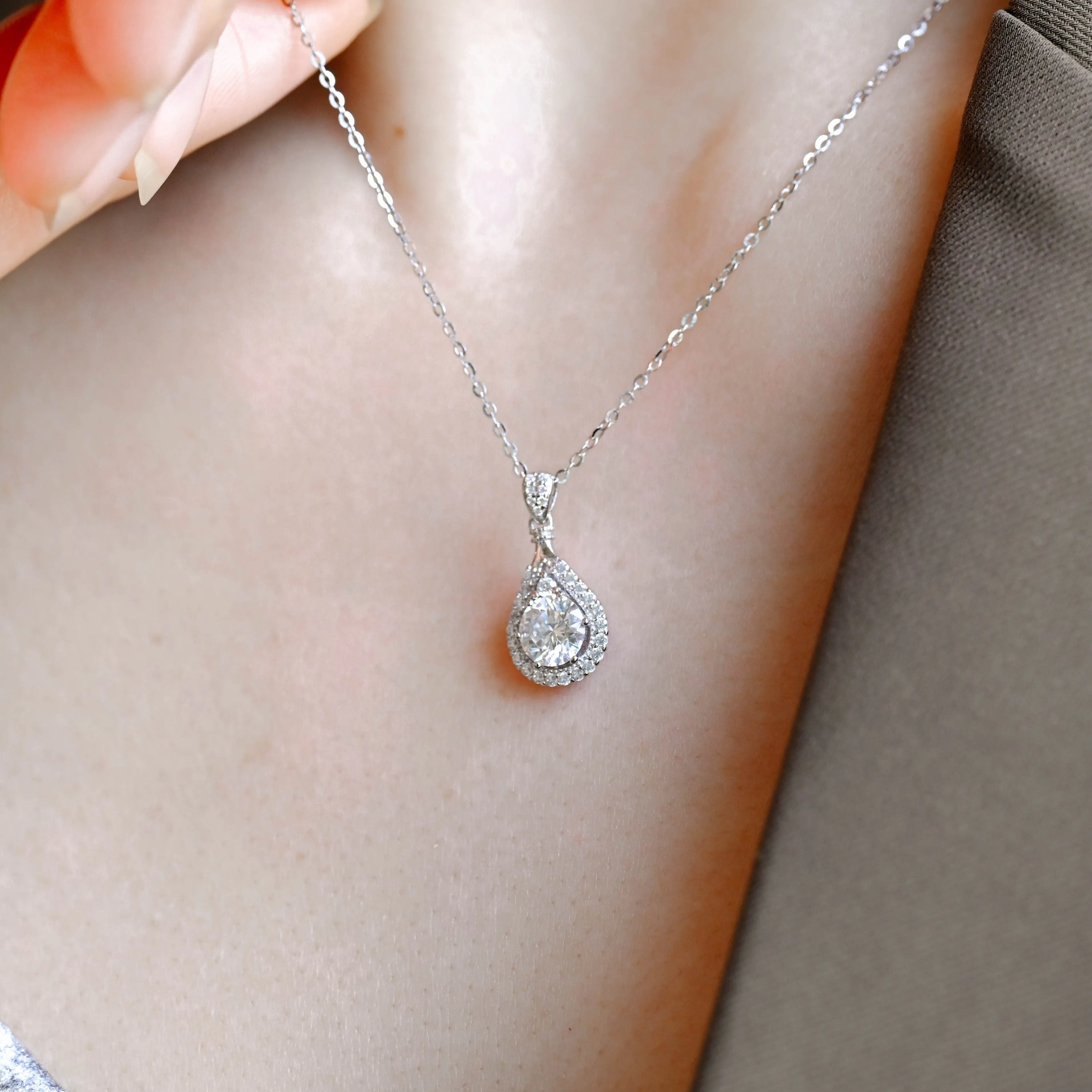 Solid Gold Round Cut Moissanite Pendant, Tear Drop Necklace sold by Causyou product image thumbnail 2