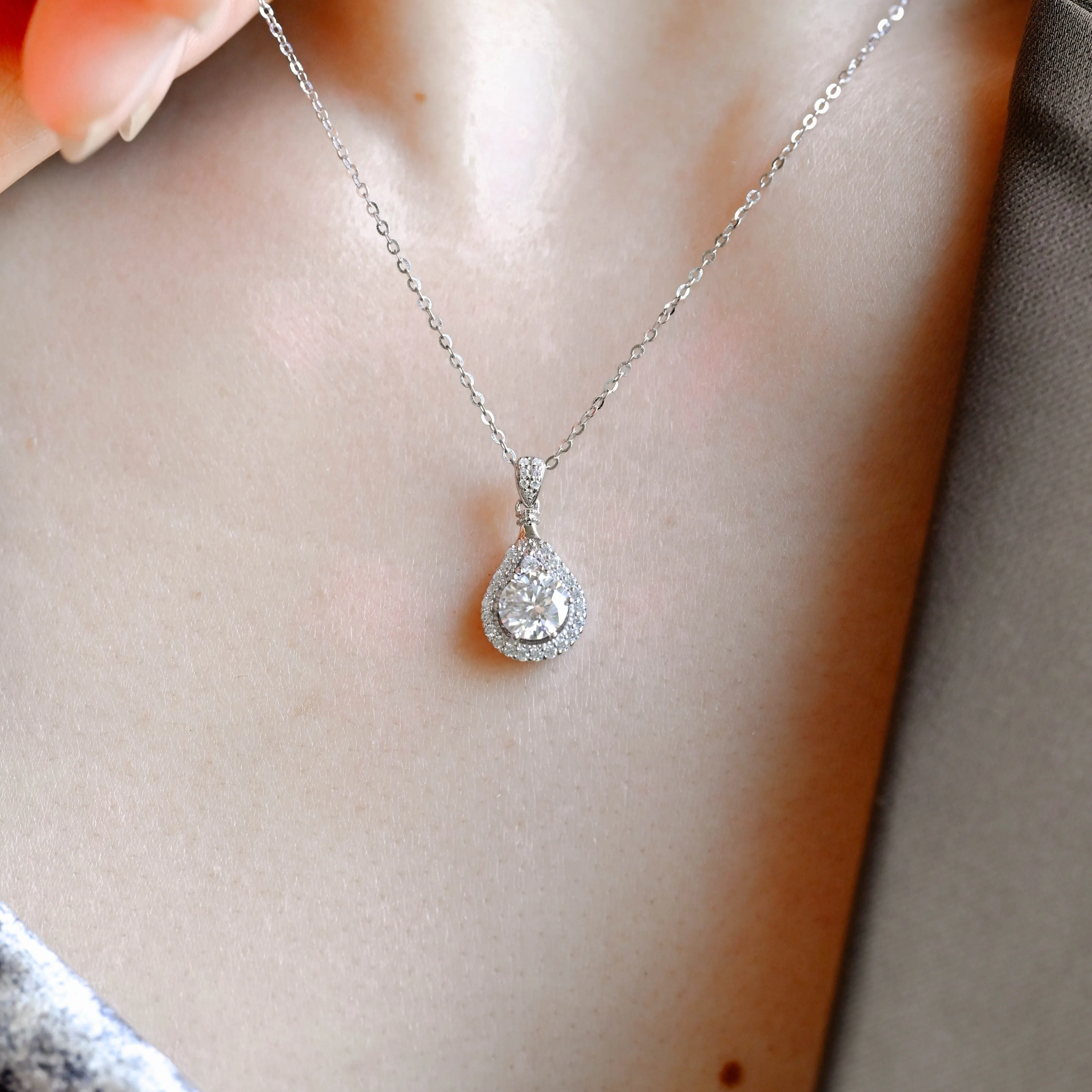 Solid Gold Round Cut Moissanite Pendant, Tear Drop Necklace sold by Causyou product image thumbnail 4
