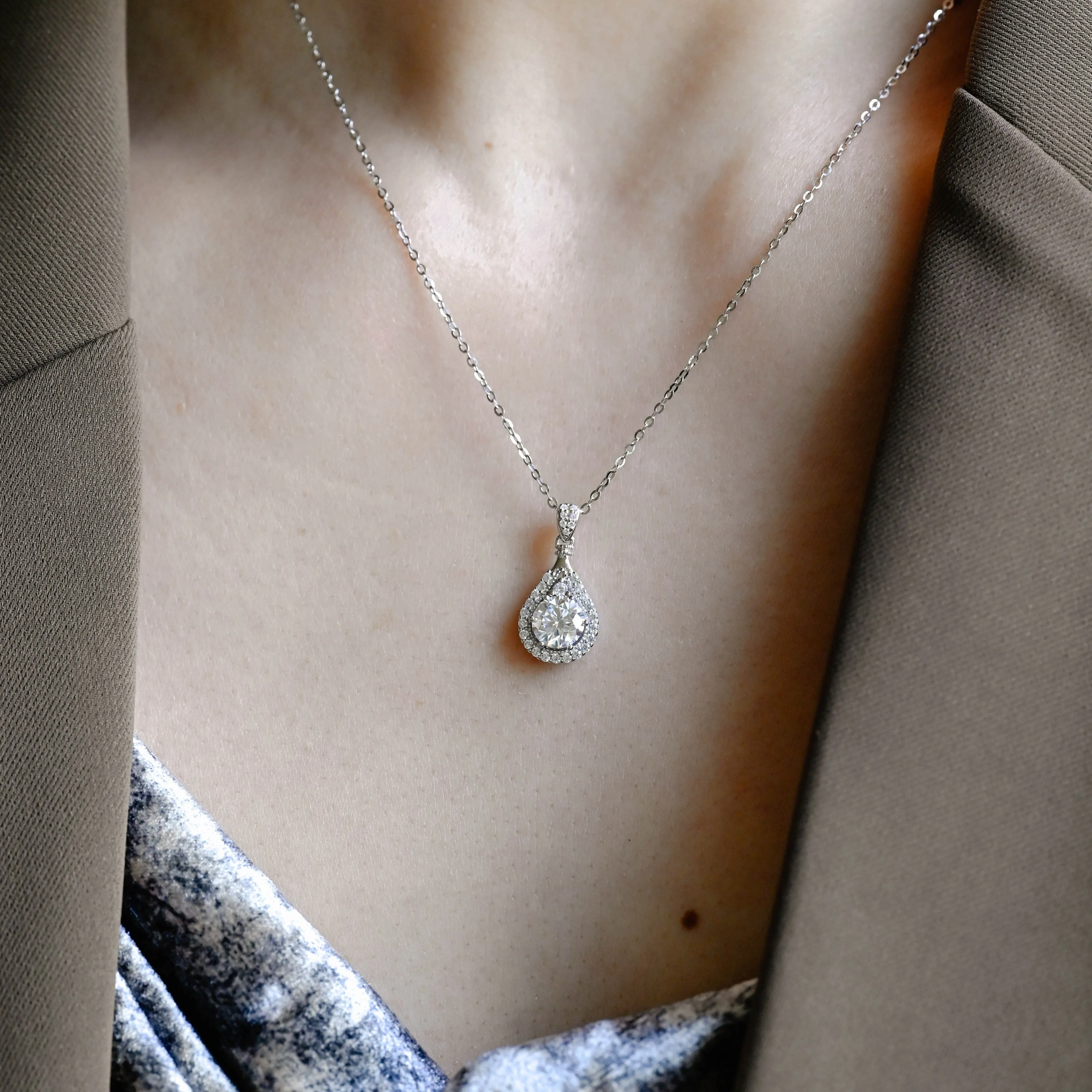 Solid Gold Round Cut Moissanite Pendant, Tear Drop Necklace sold by Causyou product image thumbnail 3