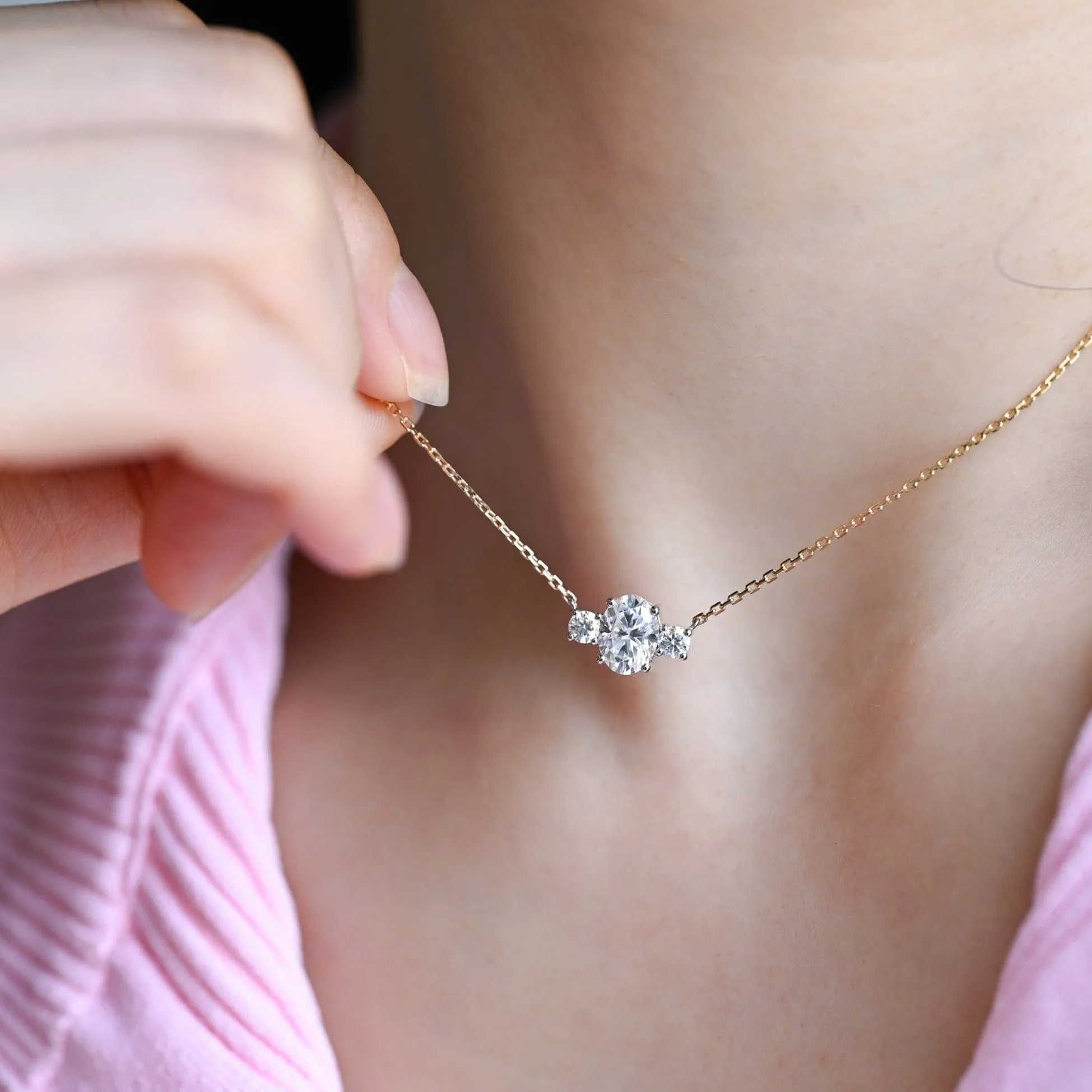 Solid Gold Three Stone Oval Cut Moissanite Pendant sold by Causyou product image thumbnail 4