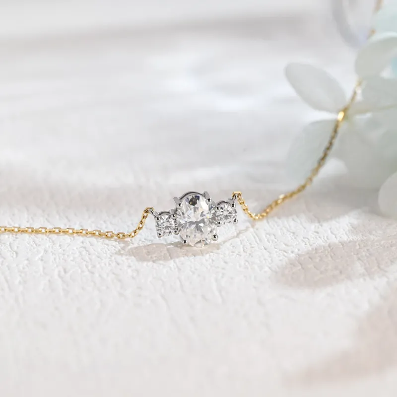 Solid Gold Three Stone Oval Cut Moissanite Pendant made by Causyou