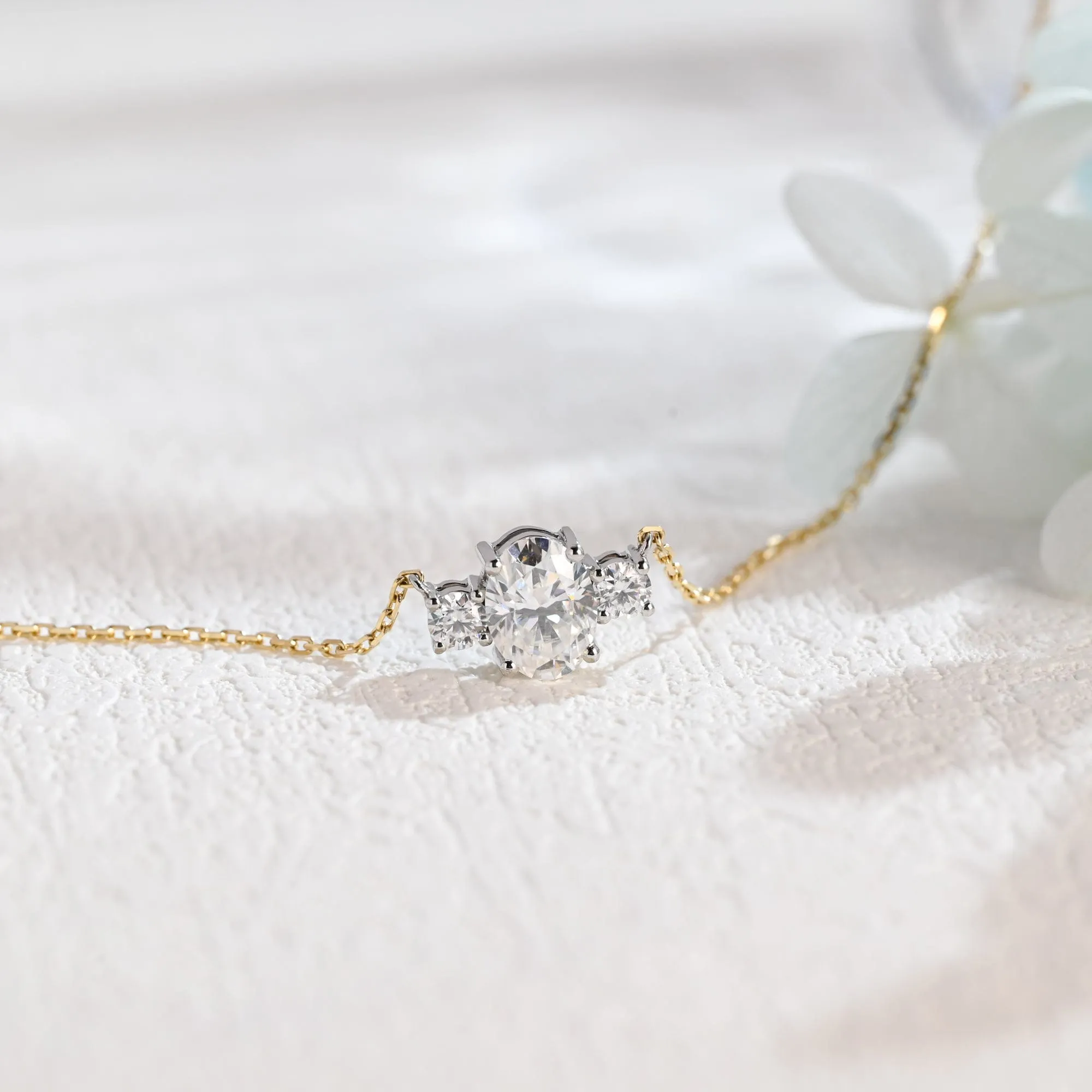 Solid Gold Three Stone Oval Cut Moissanite Pendant sold by Causyou