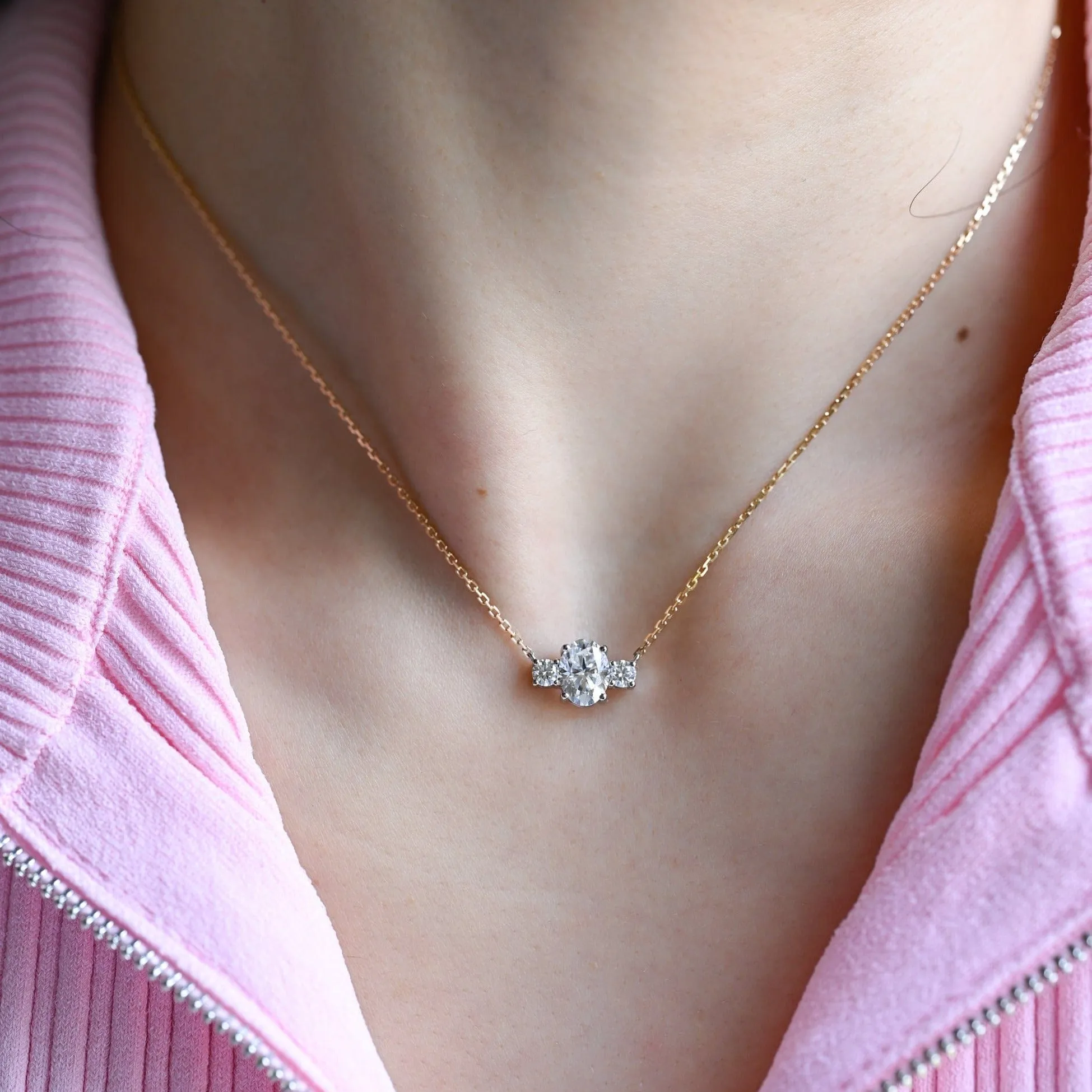 Solid Gold Three Stone Oval Cut Moissanite Pendant sold by Causyou product image thumbnail 3