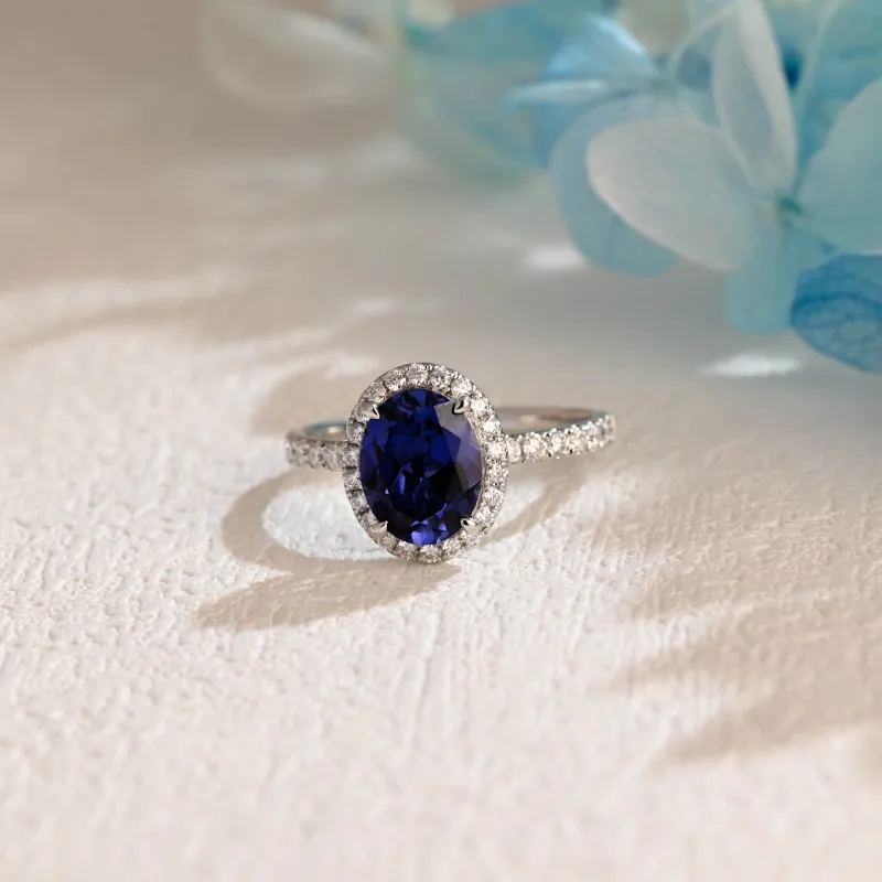 Solid Gold Halo Oval Cut Lab Grown Sapphire Engagement Ring made by Causyou