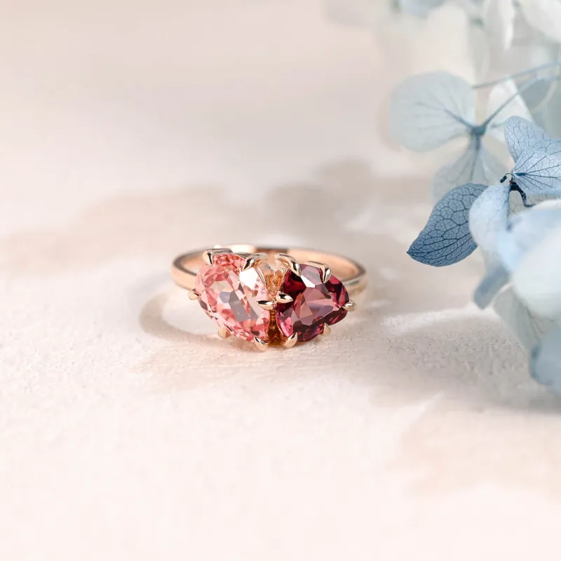 Solid Gold Toi Et Moi Heart Cut Garnet & Pear Cut Pink Sapphire Engagement Ring made by Causyou