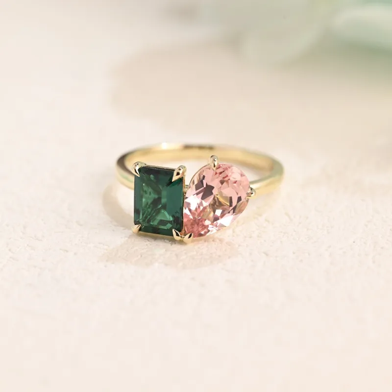 Solid Gold Toi Et Moi Emerald & Pear Cut Engagement Ring made by Causyou