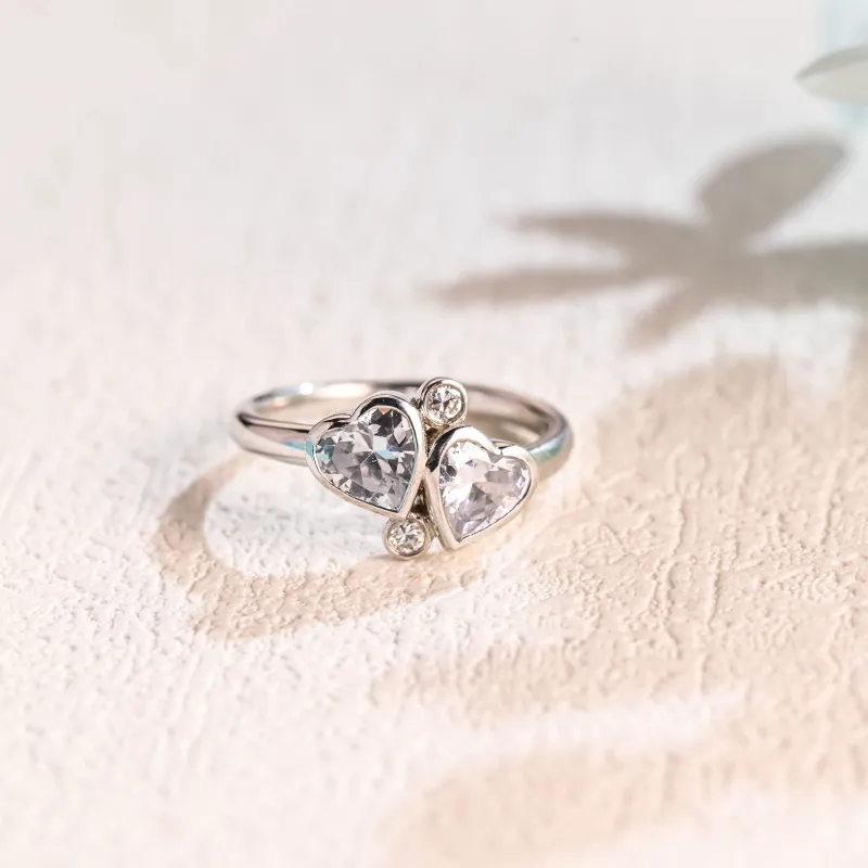 Solid Gold Toi et Moi Ring, Bezel Heart Cut Moissanite Engagement Ring made by Causyou