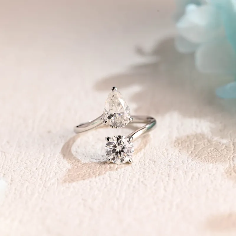 Solid Gold Toi et Moi Ring, Bypass Round & Pear Cut Moissanite Engagement Ring made by Causyou