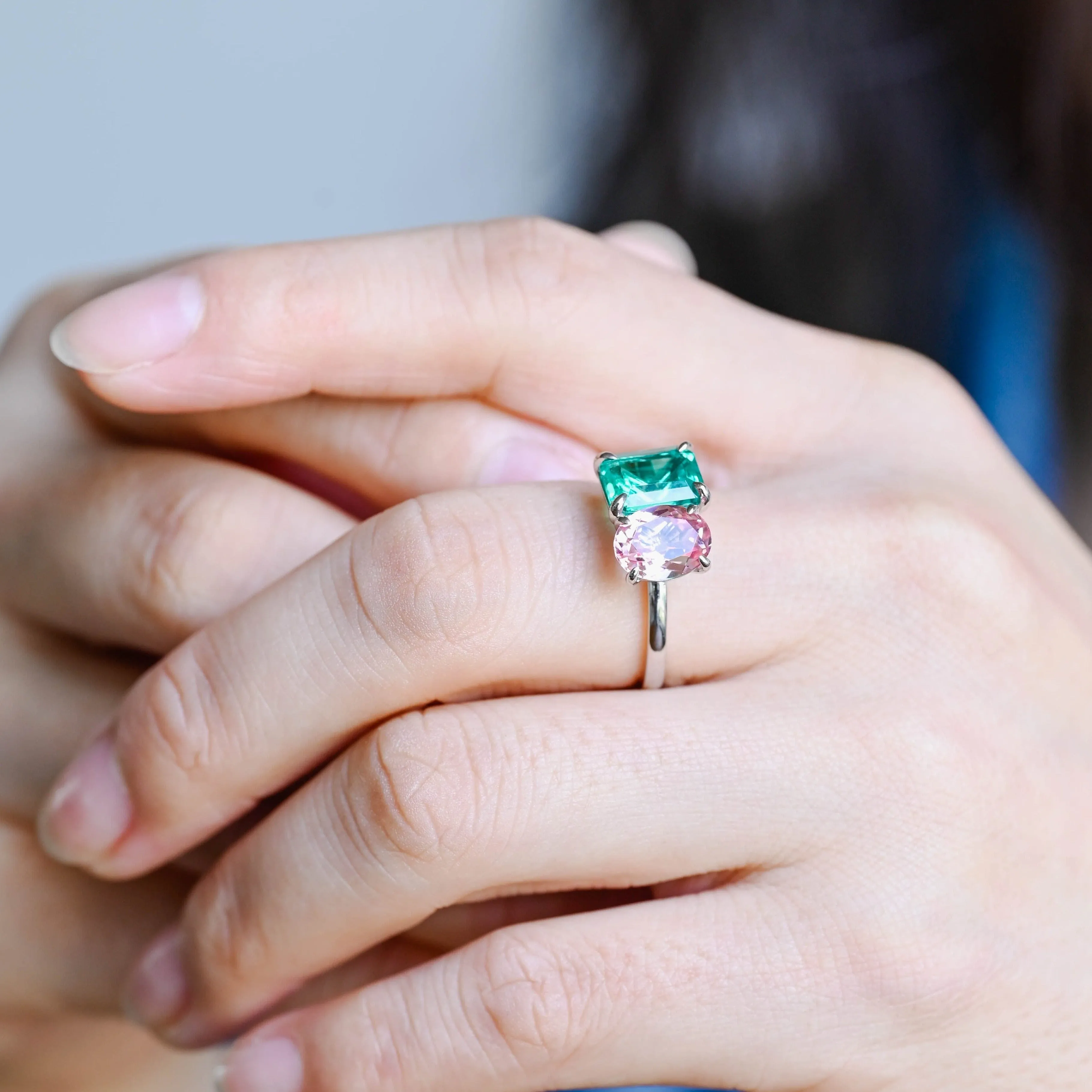 Solid Gold Toi Et Moi Ring, Lab Emerald & Oval Pink Sapphire Engagement Ring sold by Causyou product image thumbnail 3