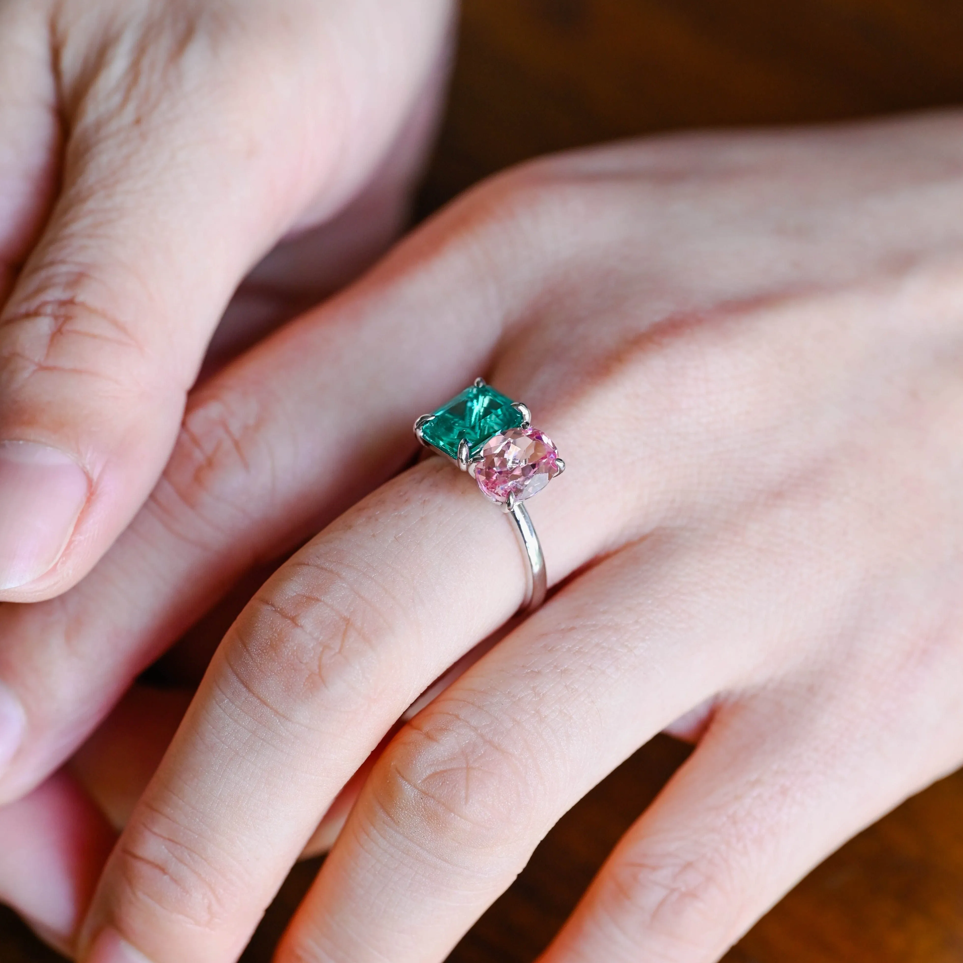 Solid Gold Toi Et Moi Ring, Lab Emerald & Oval Pink Sapphire Engagement Ring sold by Causyou product image thumbnail 2