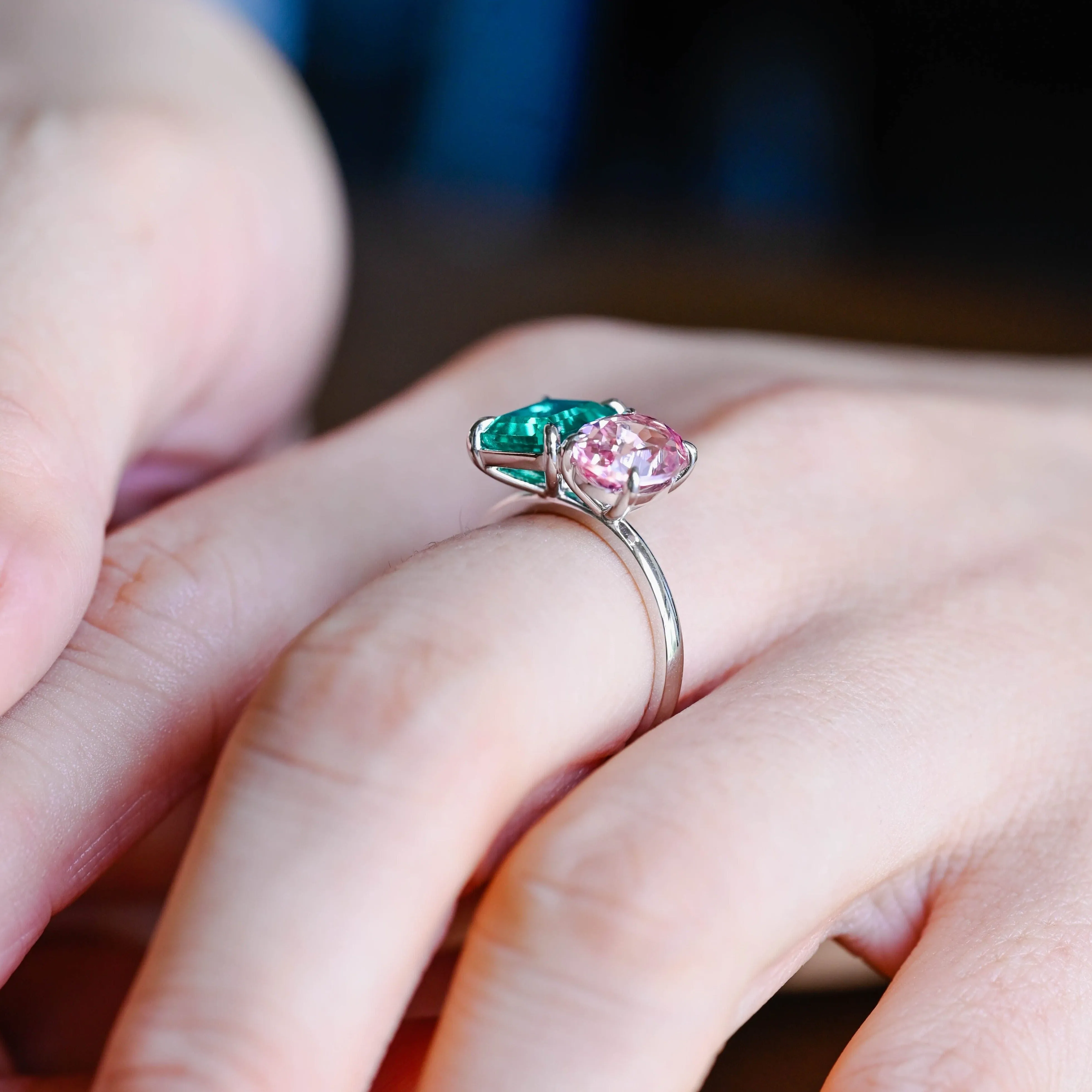 Solid Gold Toi Et Moi Ring, Lab Emerald & Oval Pink Sapphire Engagement Ring sold by Causyou product image thumbnail 4
