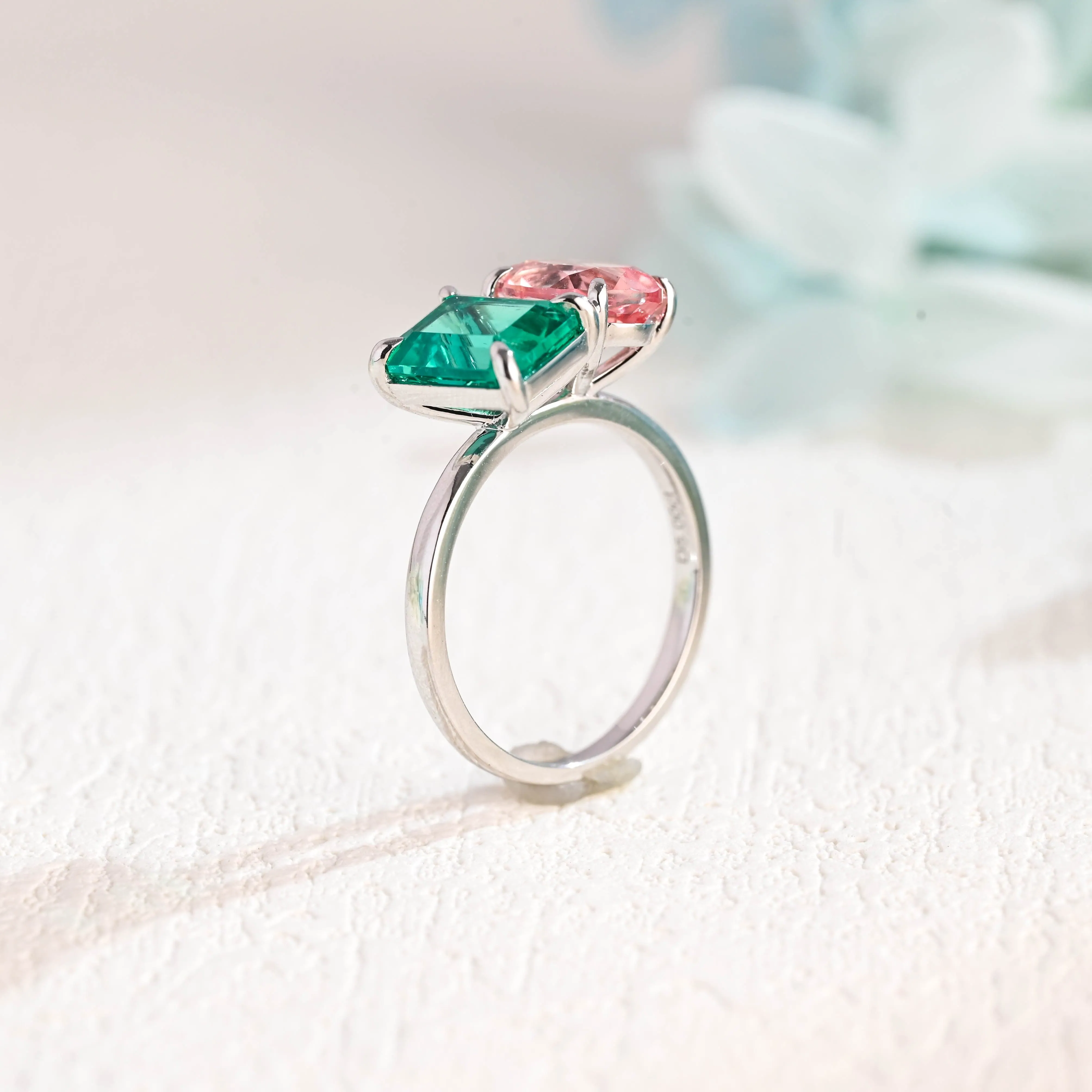 Solid Gold Toi Et Moi Ring, Lab Emerald & Oval Pink Sapphire Engagement Ring sold by Causyou product image thumbnail 5