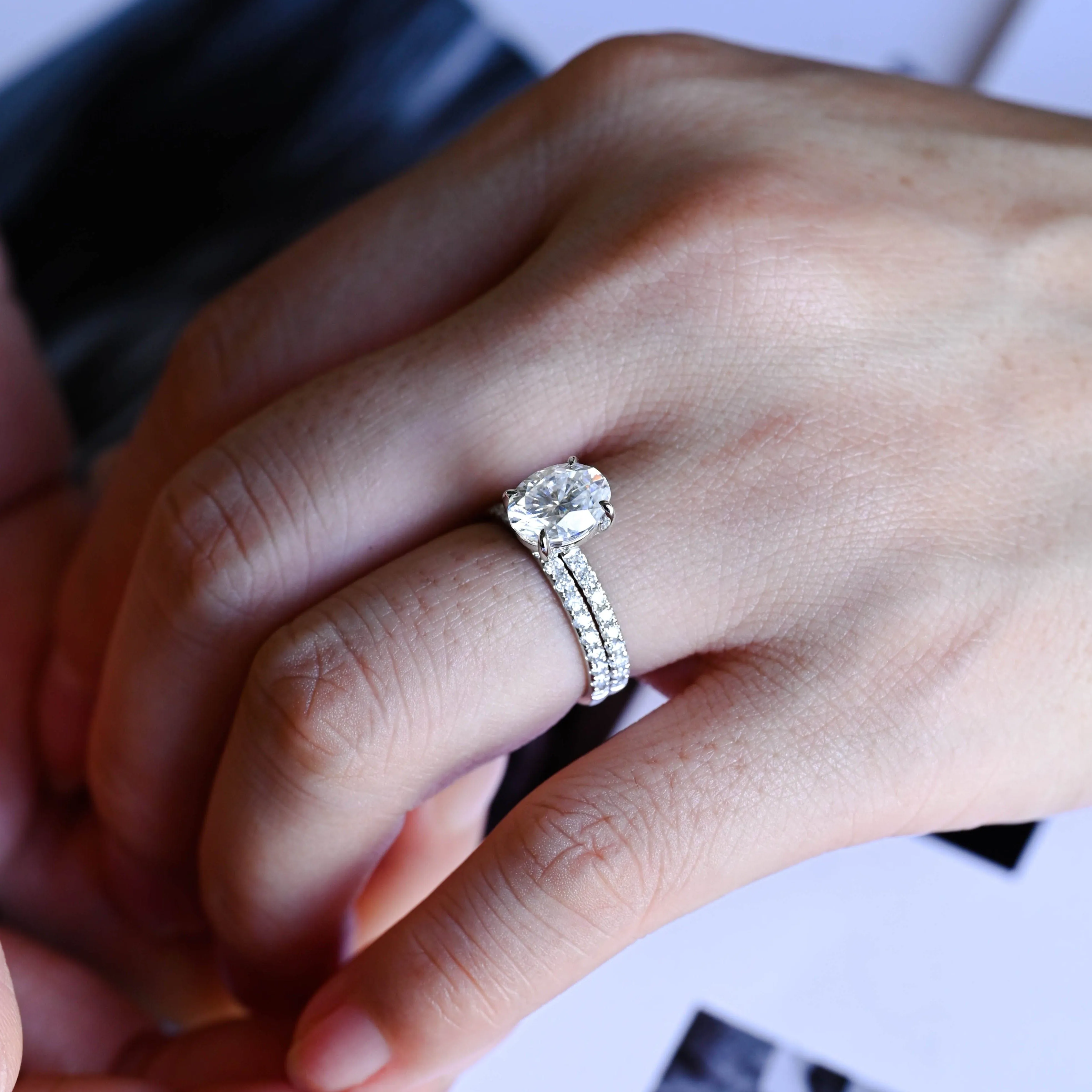 Solid Gold Oval Moissanite Engagement Ring and Wedding Ring Bridal Set sold by Causyou product image thumbnail 4