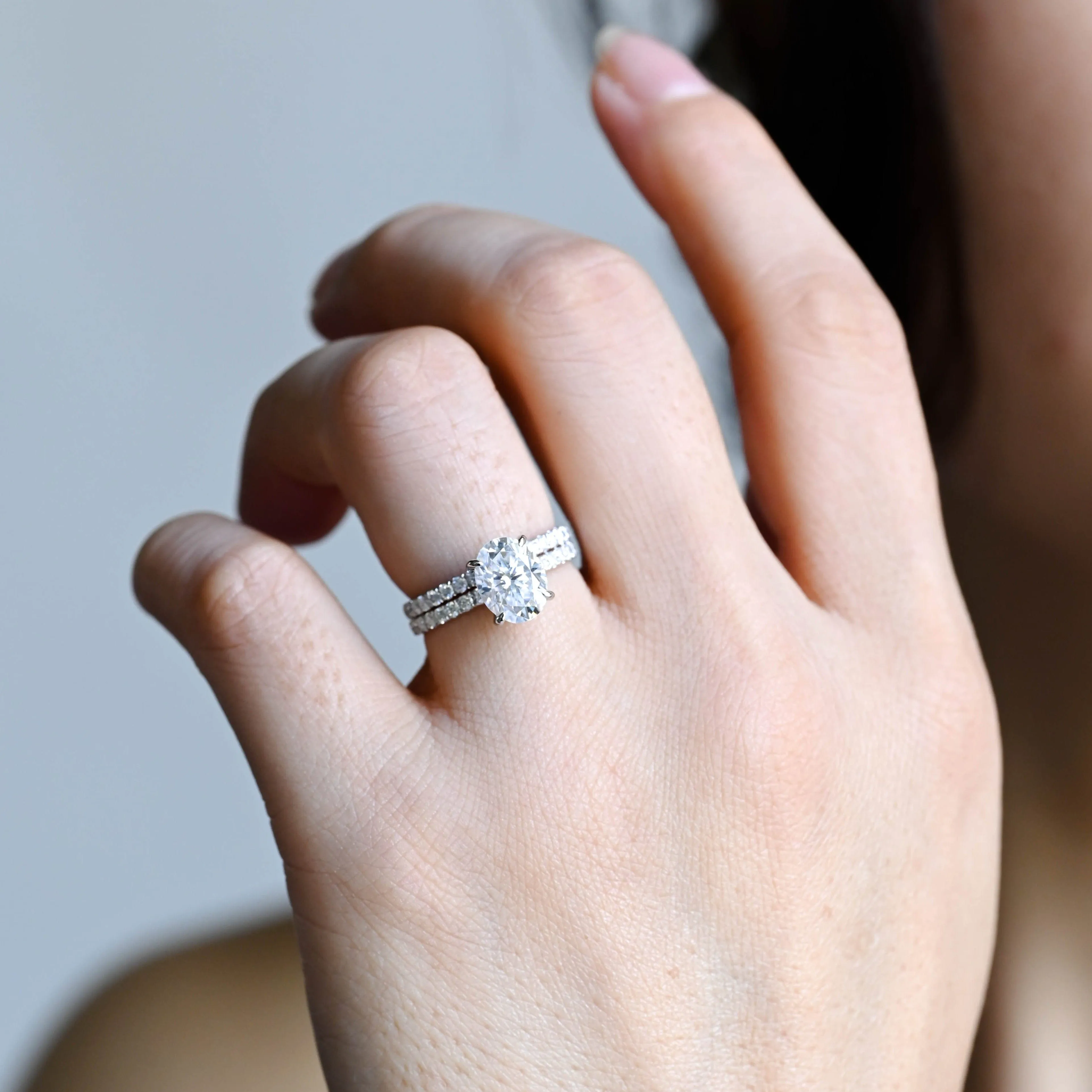 Solid Gold Oval Moissanite Engagement Ring and Wedding Ring Bridal Set sold by Causyou product image thumbnail 2