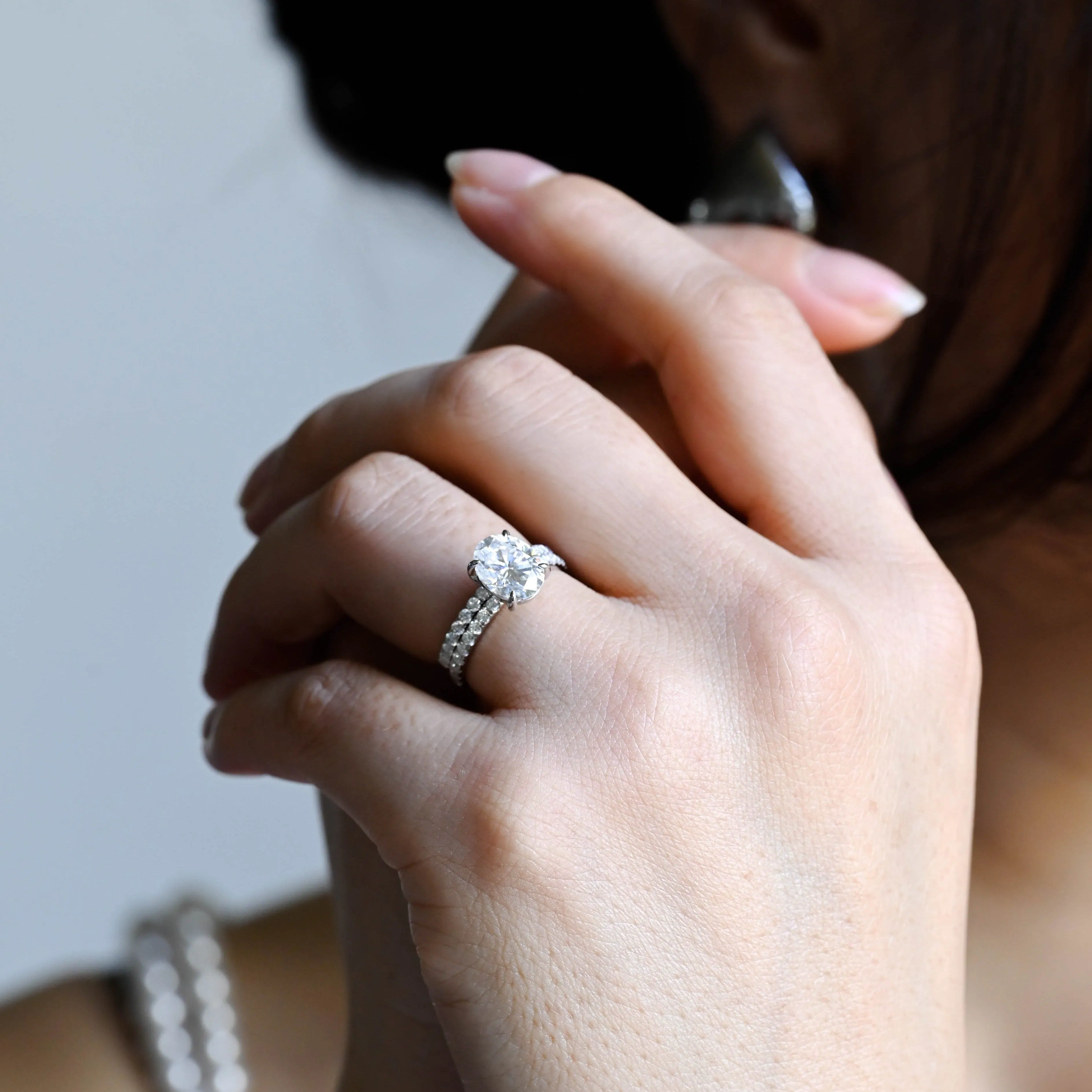 Solid Gold Oval Moissanite Engagement Ring and Wedding Ring Bridal Set sold by Causyou product image thumbnail 3