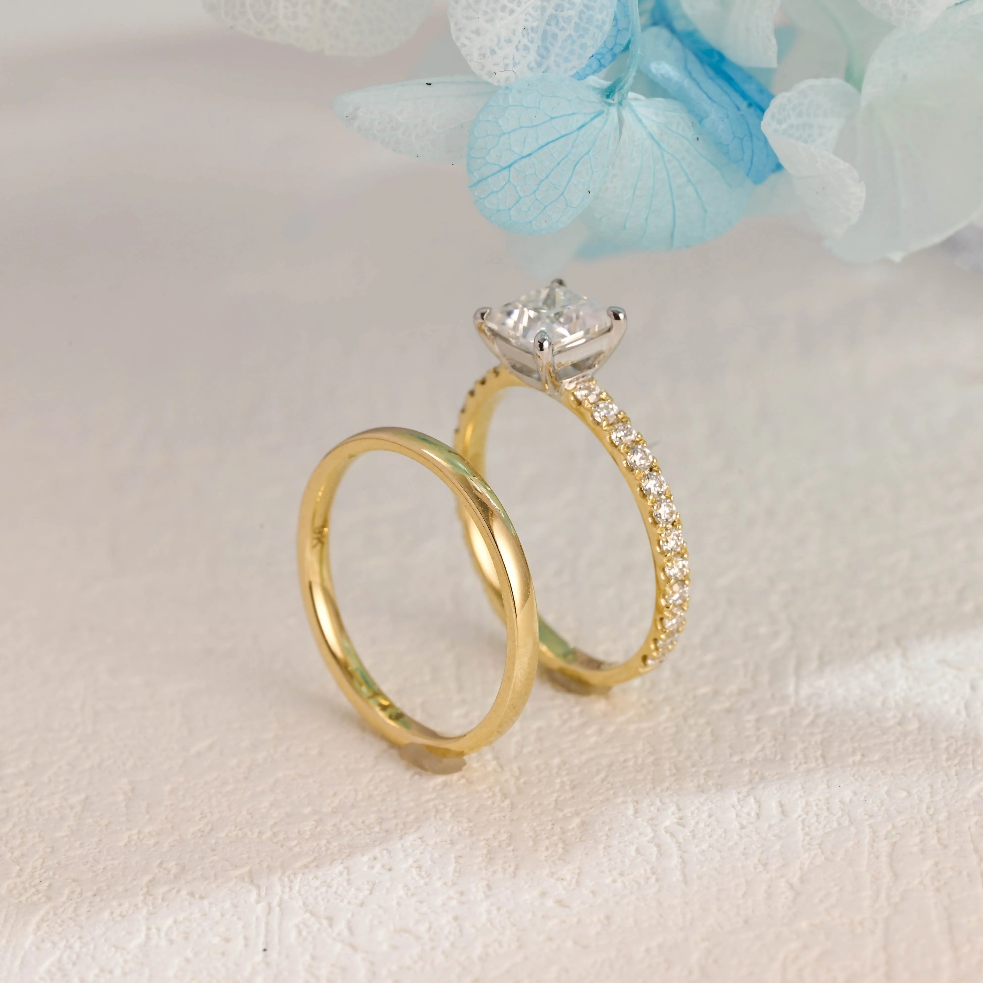 Solid Gold Two Tone Princess Cut Moissanite Engagement Ring and Wedding Ring Set sold by Causyou