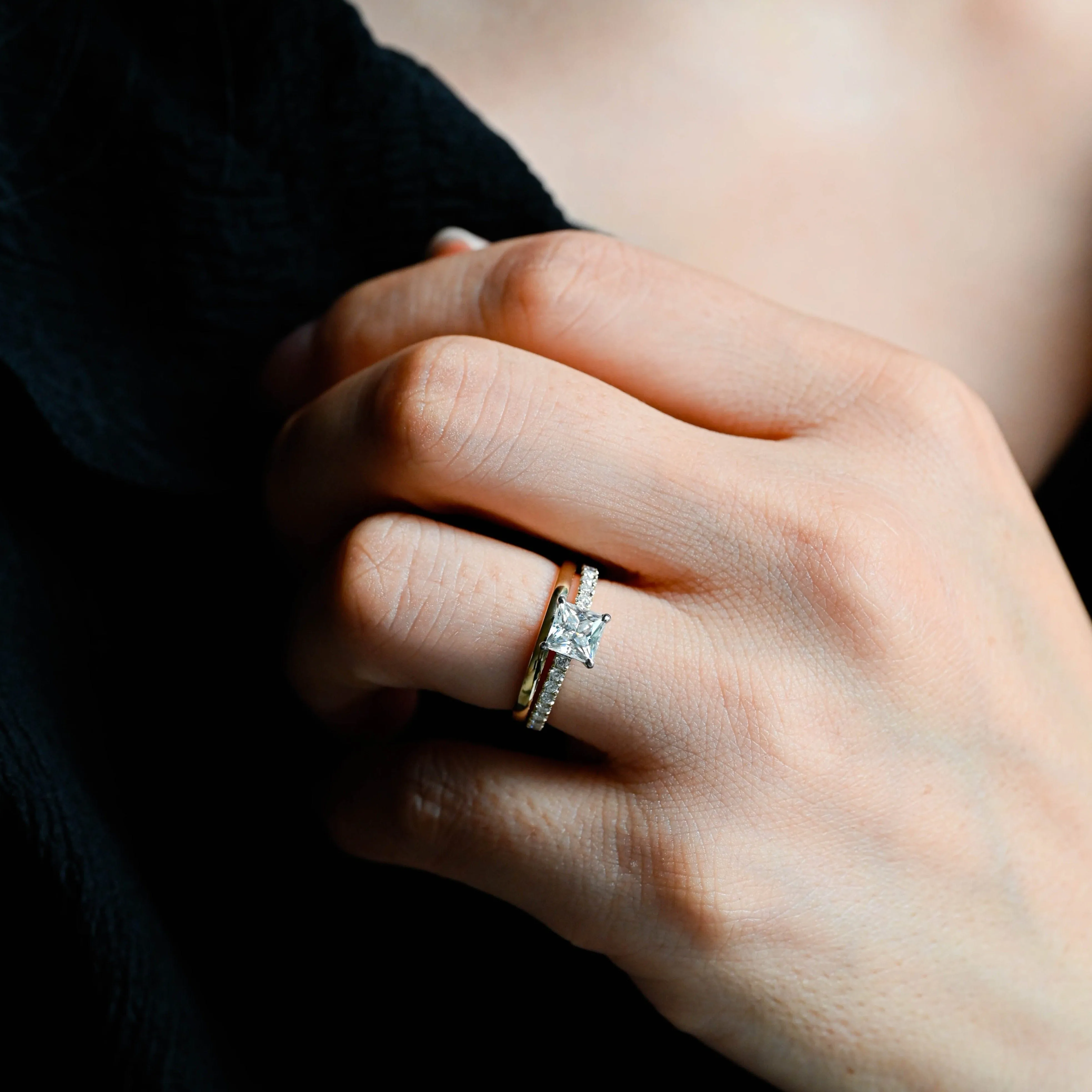 Solid Gold Two Tone Princess Cut Moissanite Engagement Ring and Wedding Ring Set sold by Causyou product image thumbnail 2
