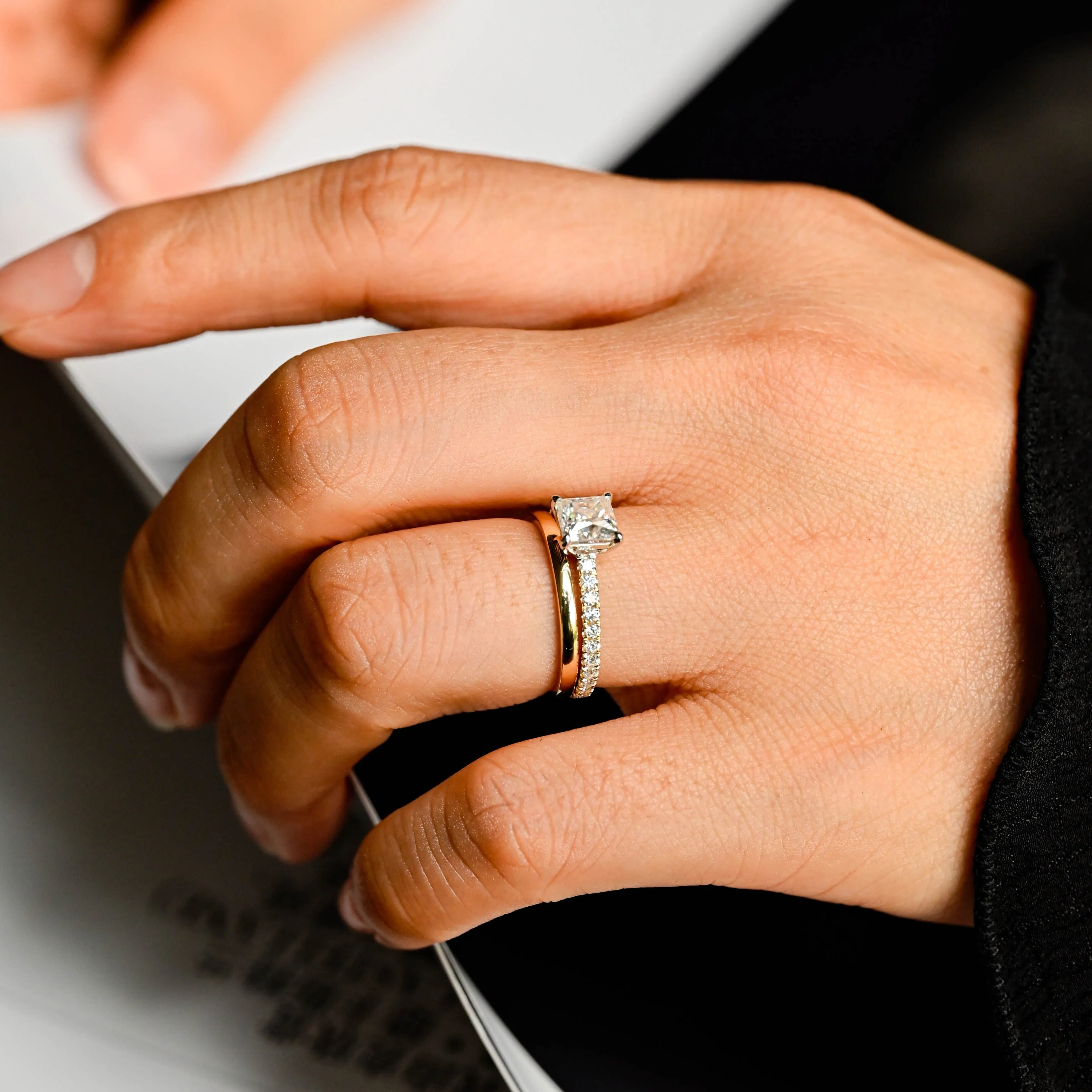 Solid Gold Two Tone Princess Cut Moissanite Engagement Ring and Wedding Ring Set sold by Causyou product image thumbnail 4