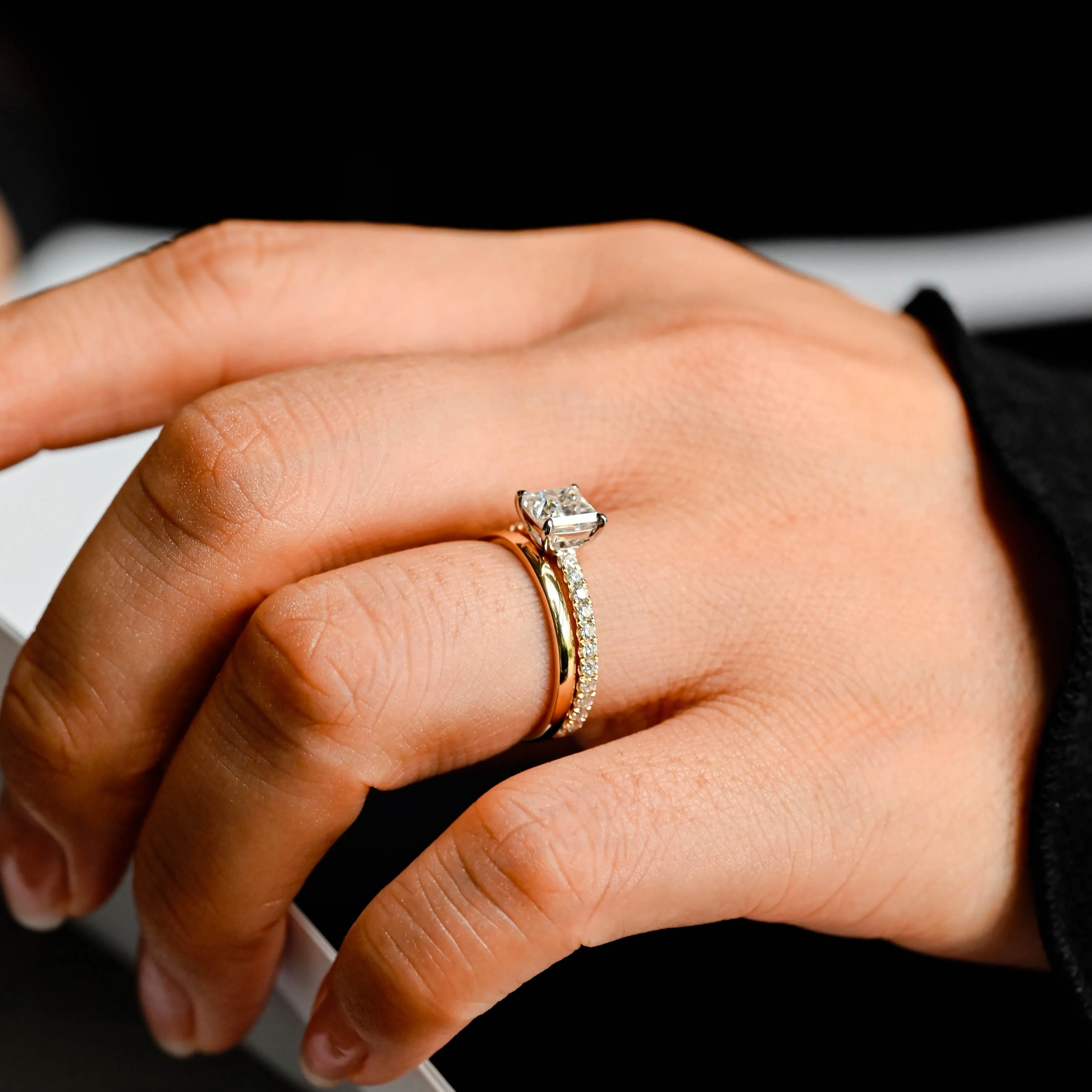 Solid Gold Two Tone Princess Cut Moissanite Engagement Ring and Wedding Ring Set sold by Causyou product image thumbnail 3