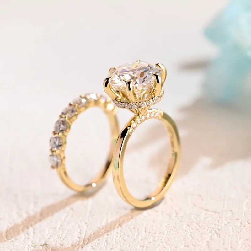 Solid Gold Round Cut Moissanite Engagement Ring Set, Hidden Halo Bridal Set made by Causyou