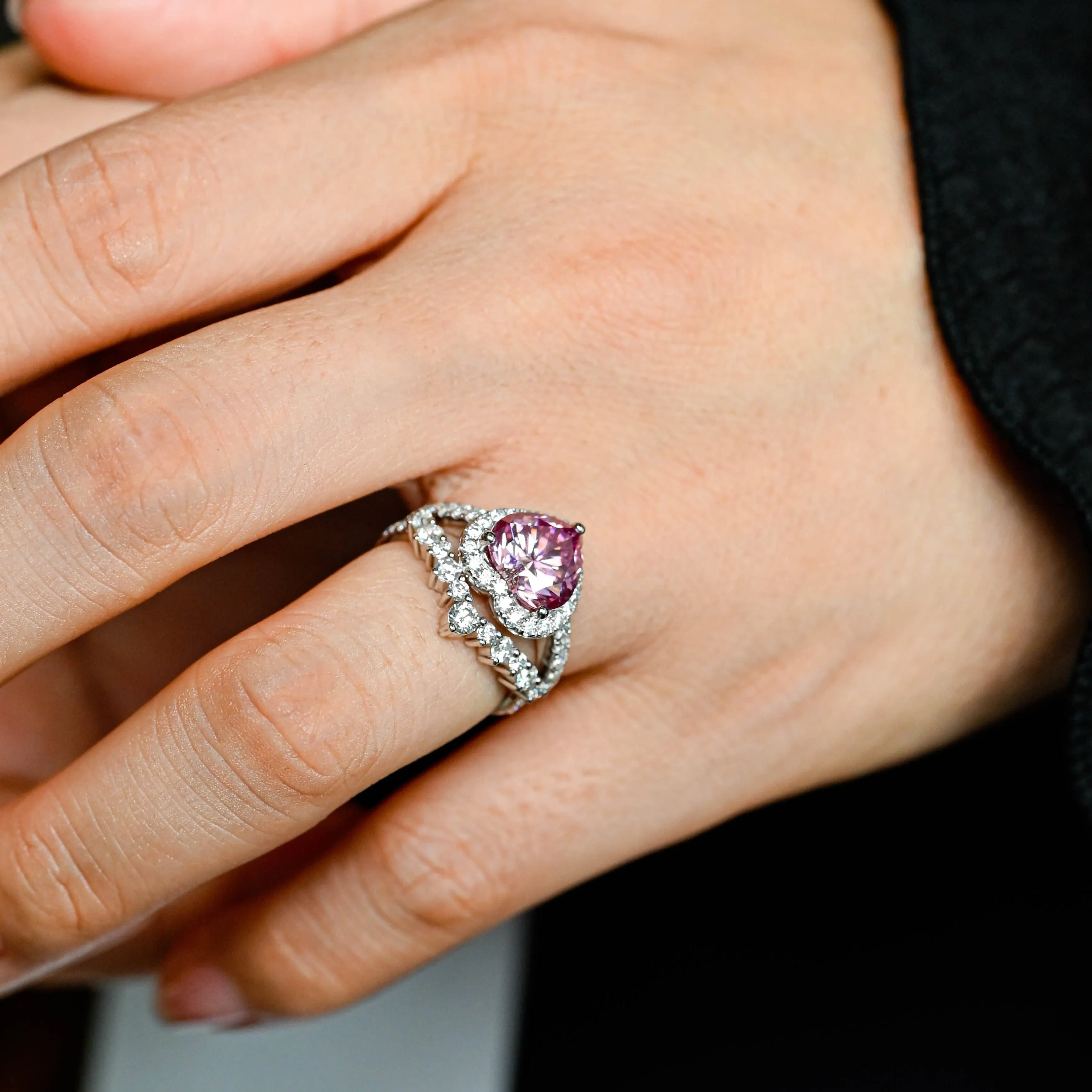 Solid Gold Heart Cut Pink Moissanite Engagement Ring Set sold by Causyou product image thumbnail 2