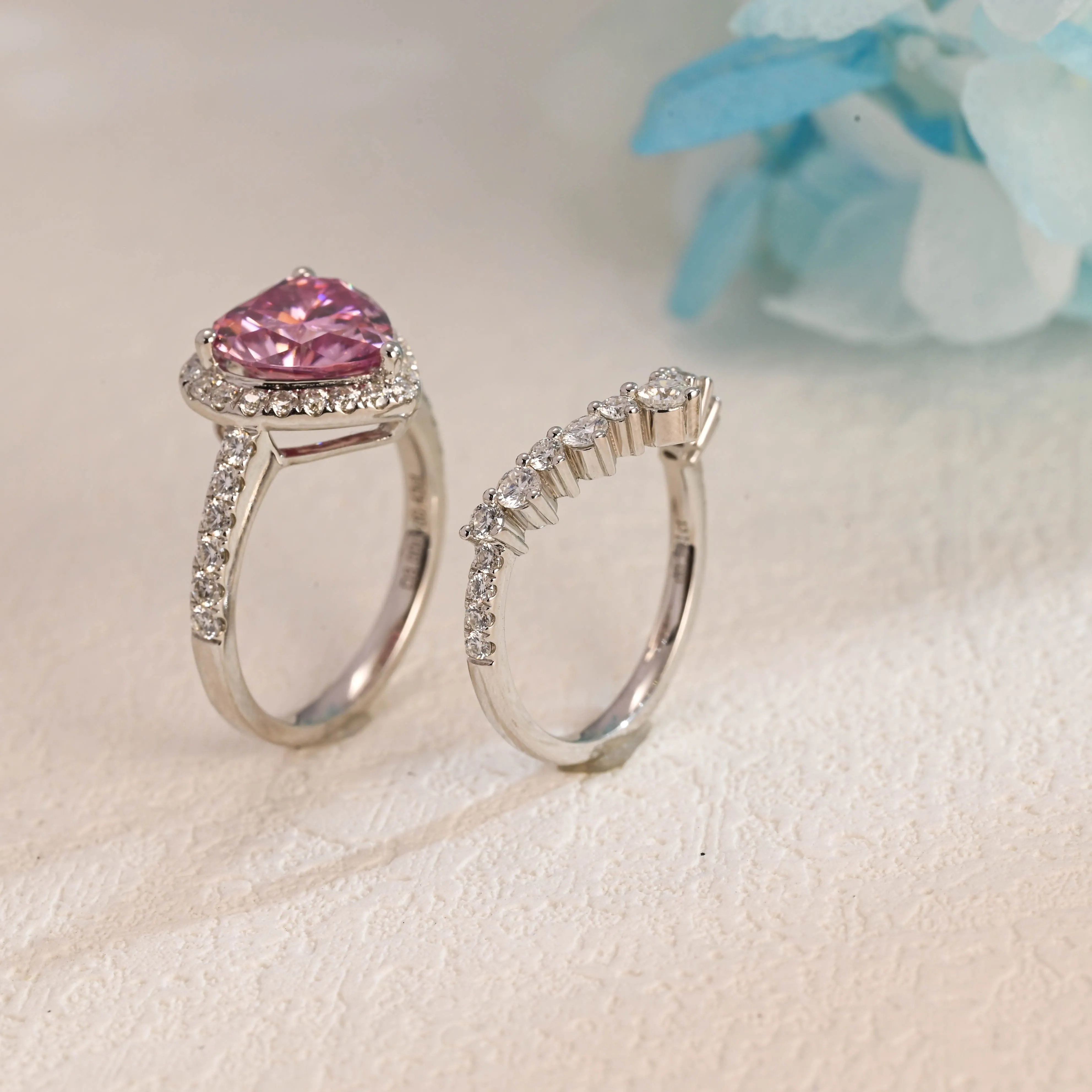 Solid Gold Heart Cut Pink Moissanite Engagement Ring Set sold by Causyou product image thumbnail 5