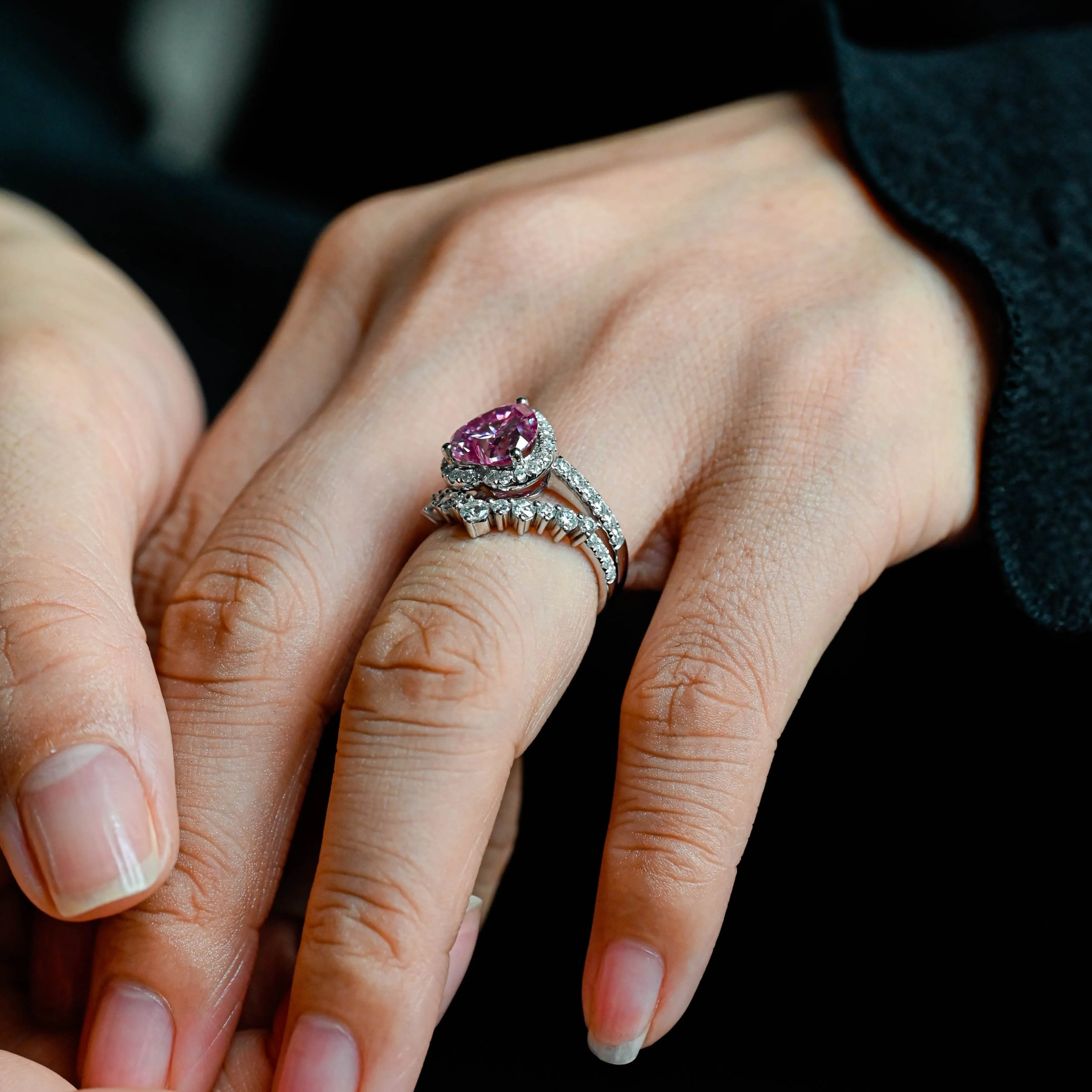 Solid Gold Heart Cut Pink Moissanite Engagement Ring Set sold by Causyou product image thumbnail 3
