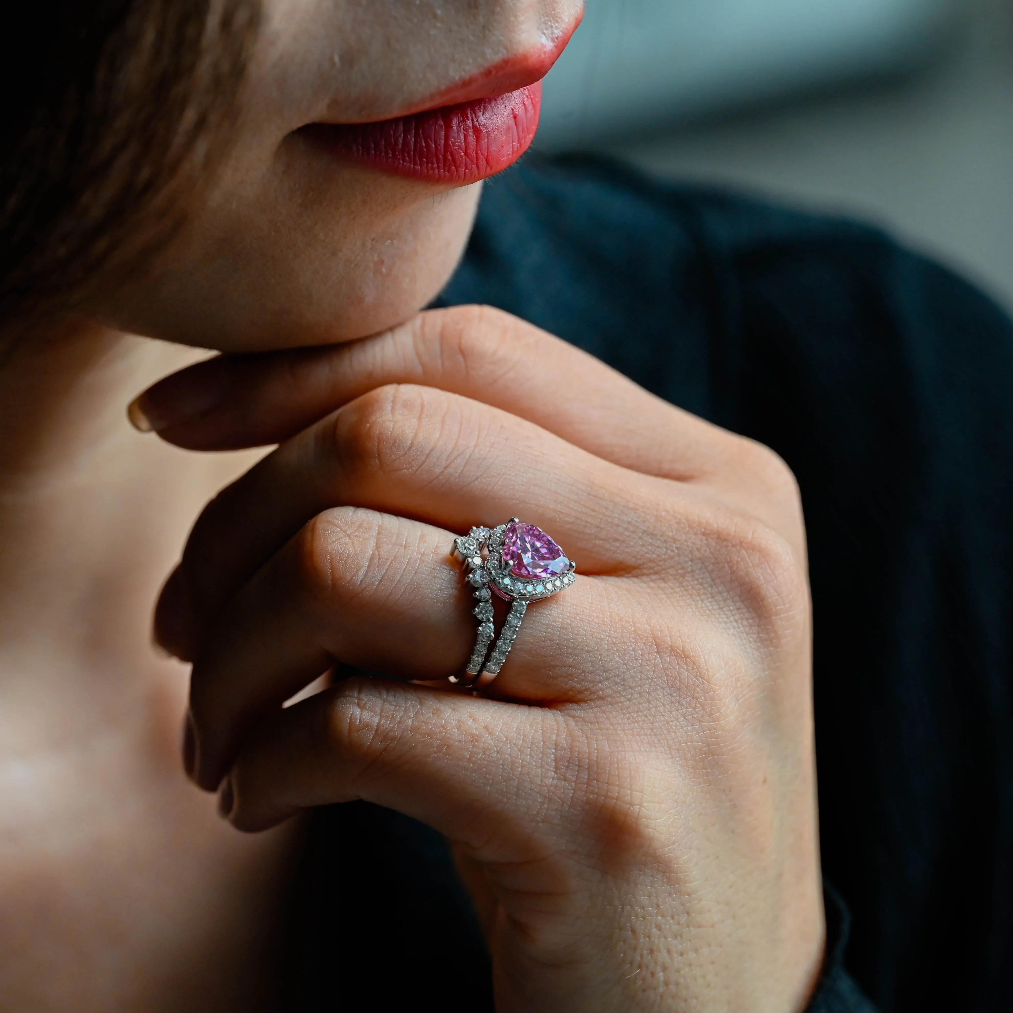 Solid Gold Heart Cut Pink Moissanite Engagement Ring Set sold by Causyou product image thumbnail 4