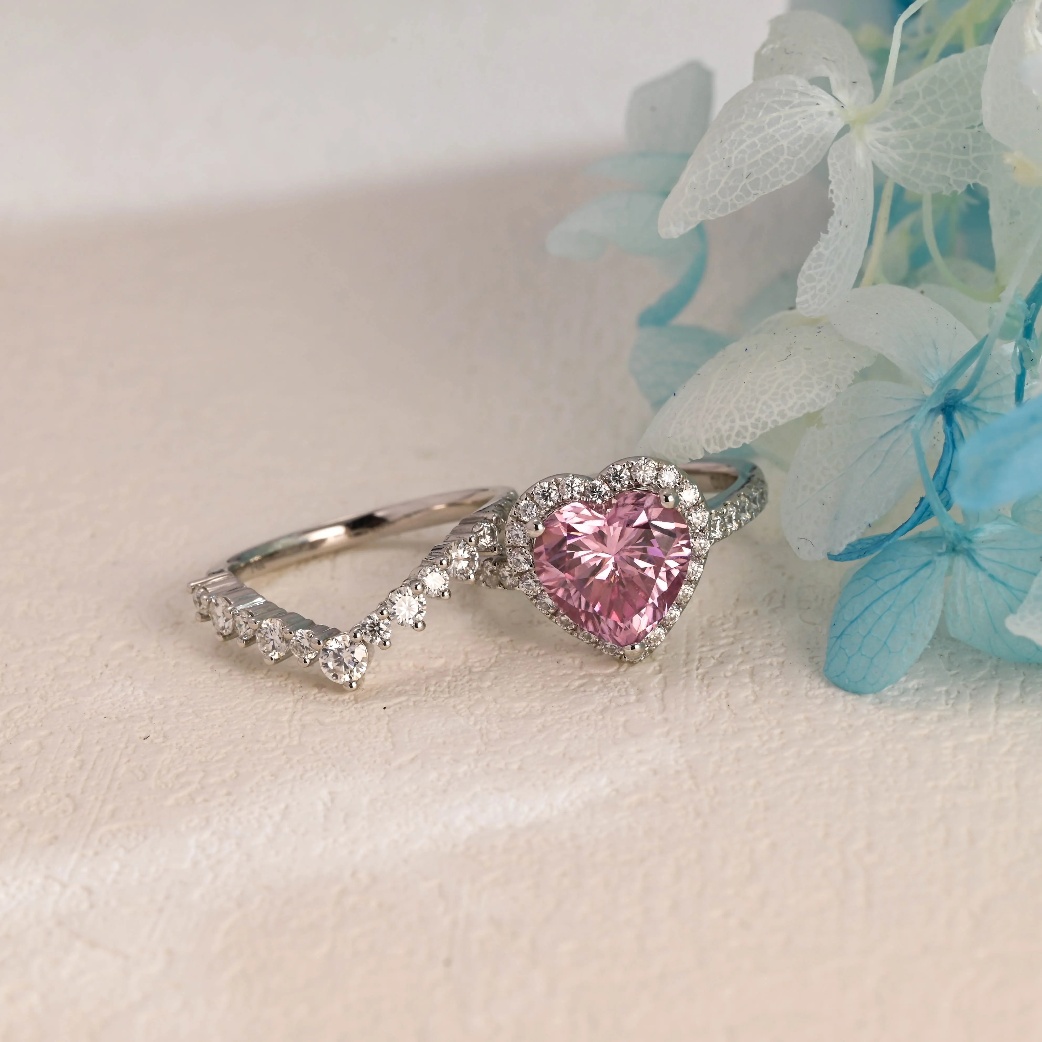 Solid Gold Heart Cut Pink Moissanite Engagement Ring Set sold by Causyou