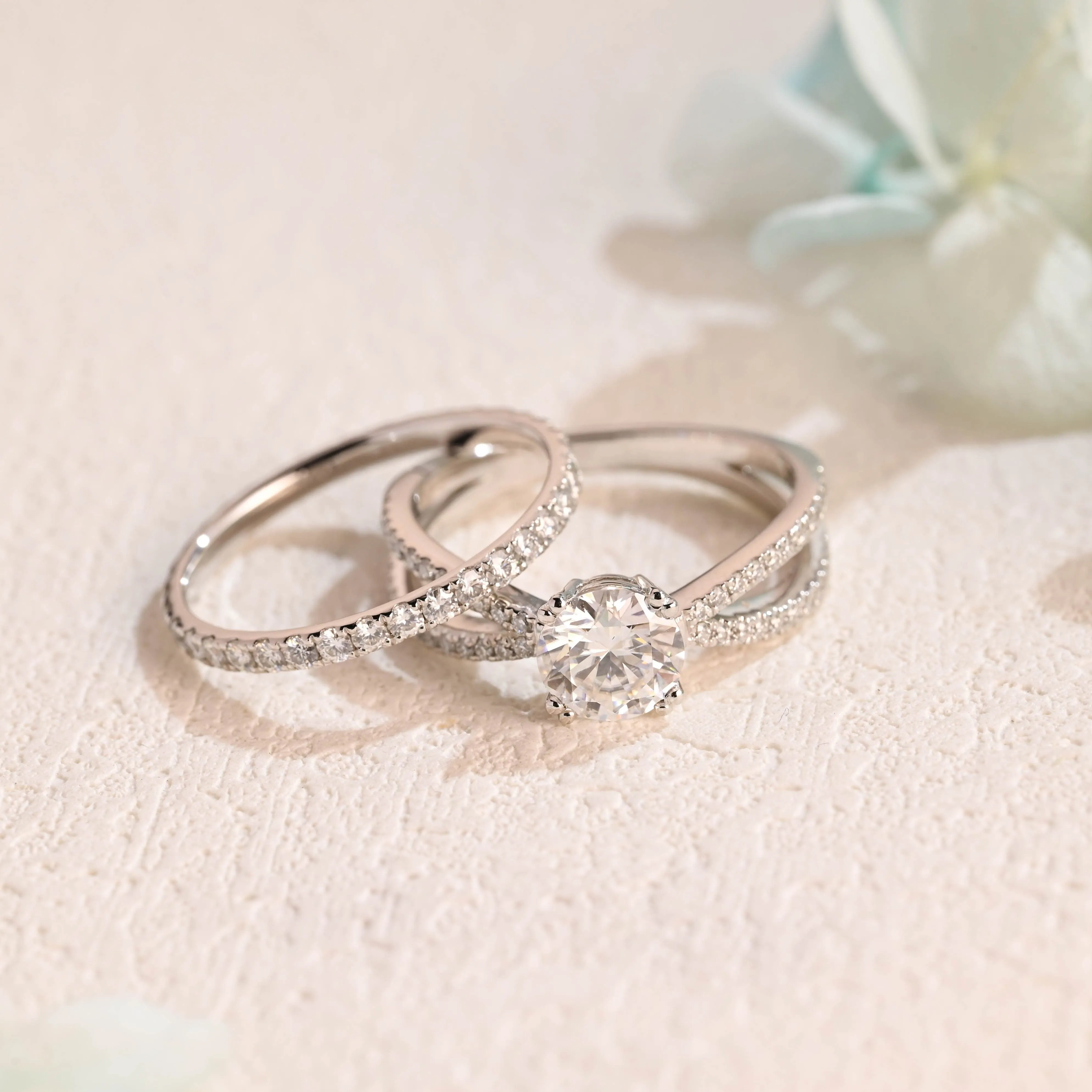 Solid Gold Crossover Round Cut Moissanite Engagement Ring Bridal Set sold by Causyou