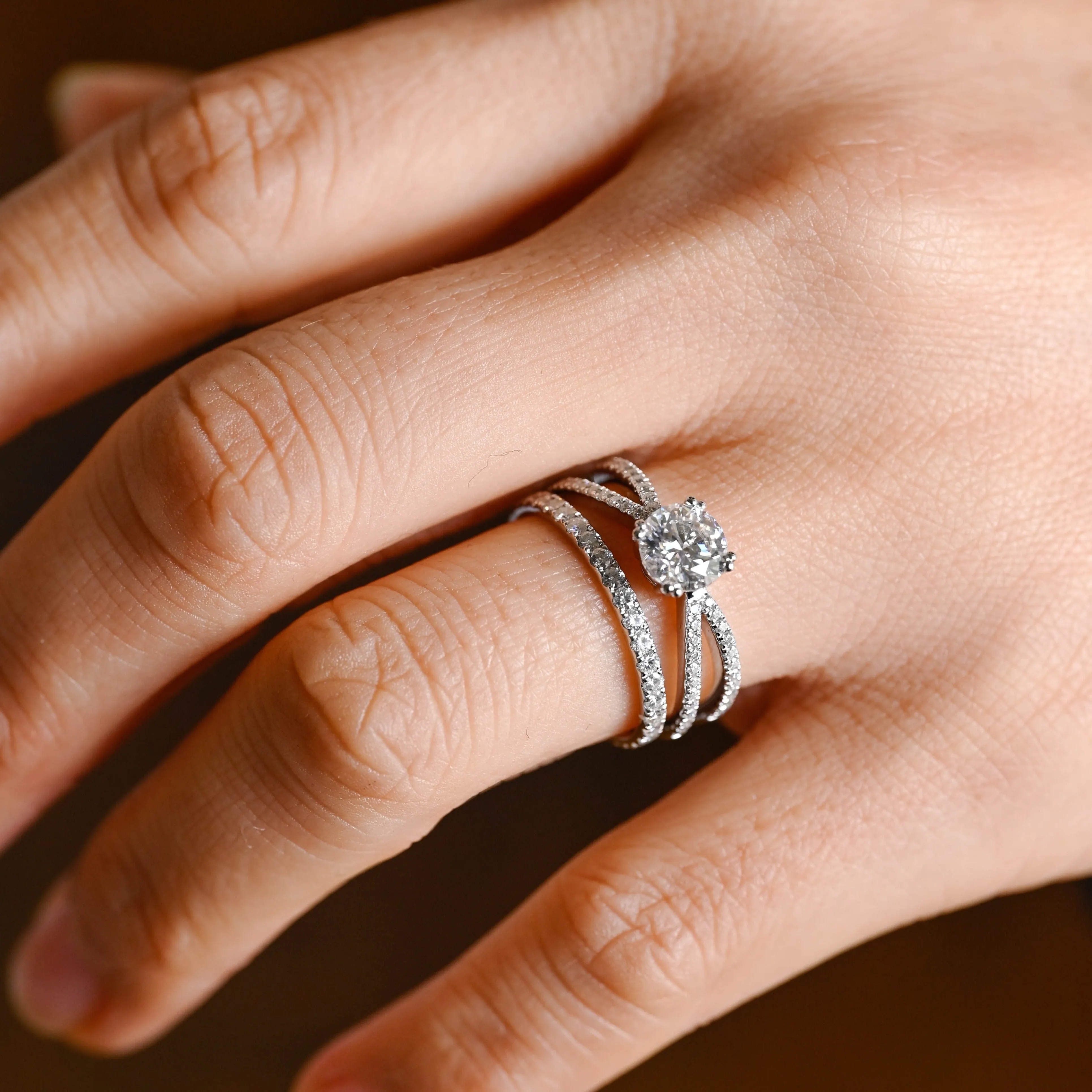 Solid Gold Crossover Round Cut Moissanite Engagement Ring Bridal Set sold by Causyou product image thumbnail 2