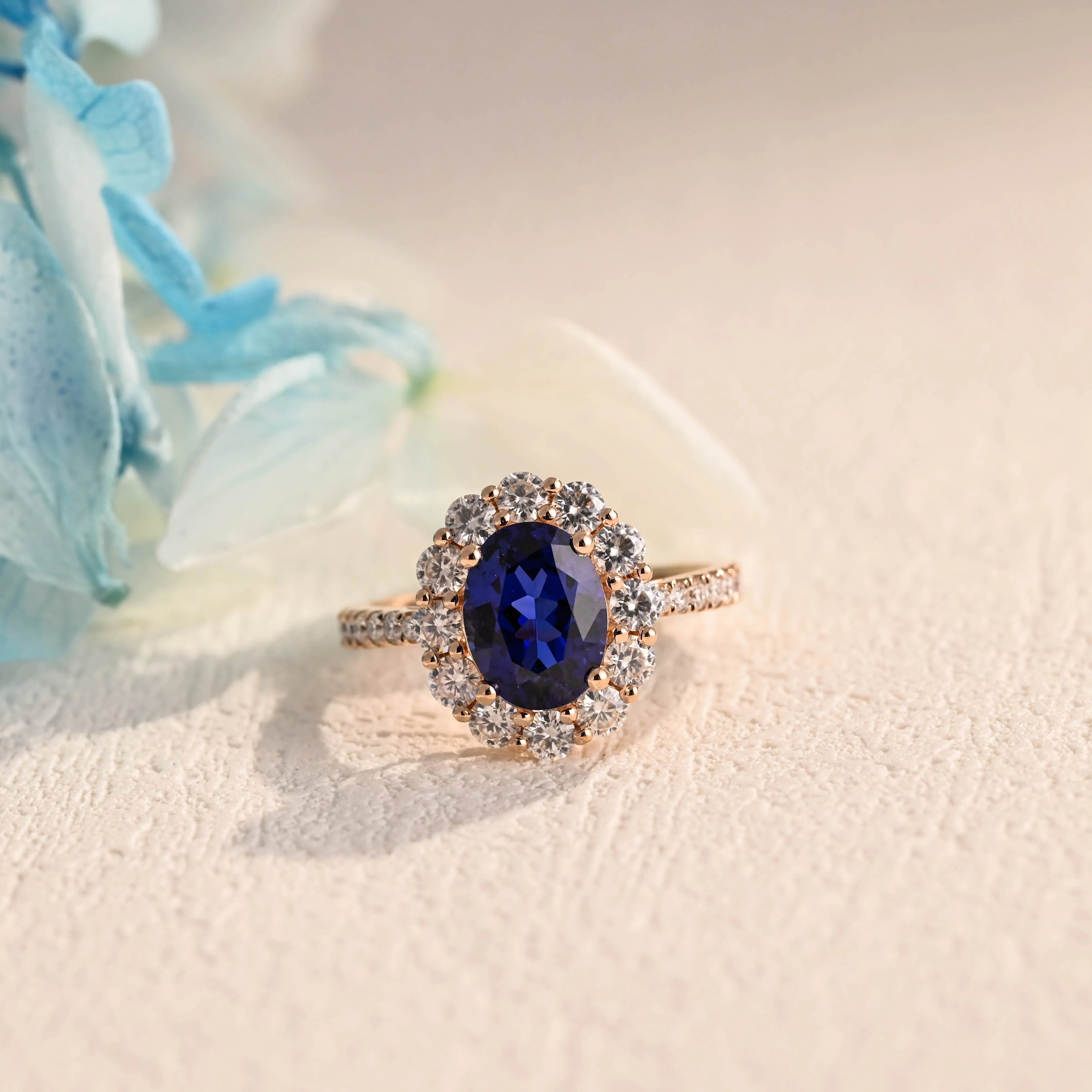 Solid Gold Halo Oval Cut Lab Grown Blue Sapphire Engagement Ring sold by Causyou product image thumbnail 5