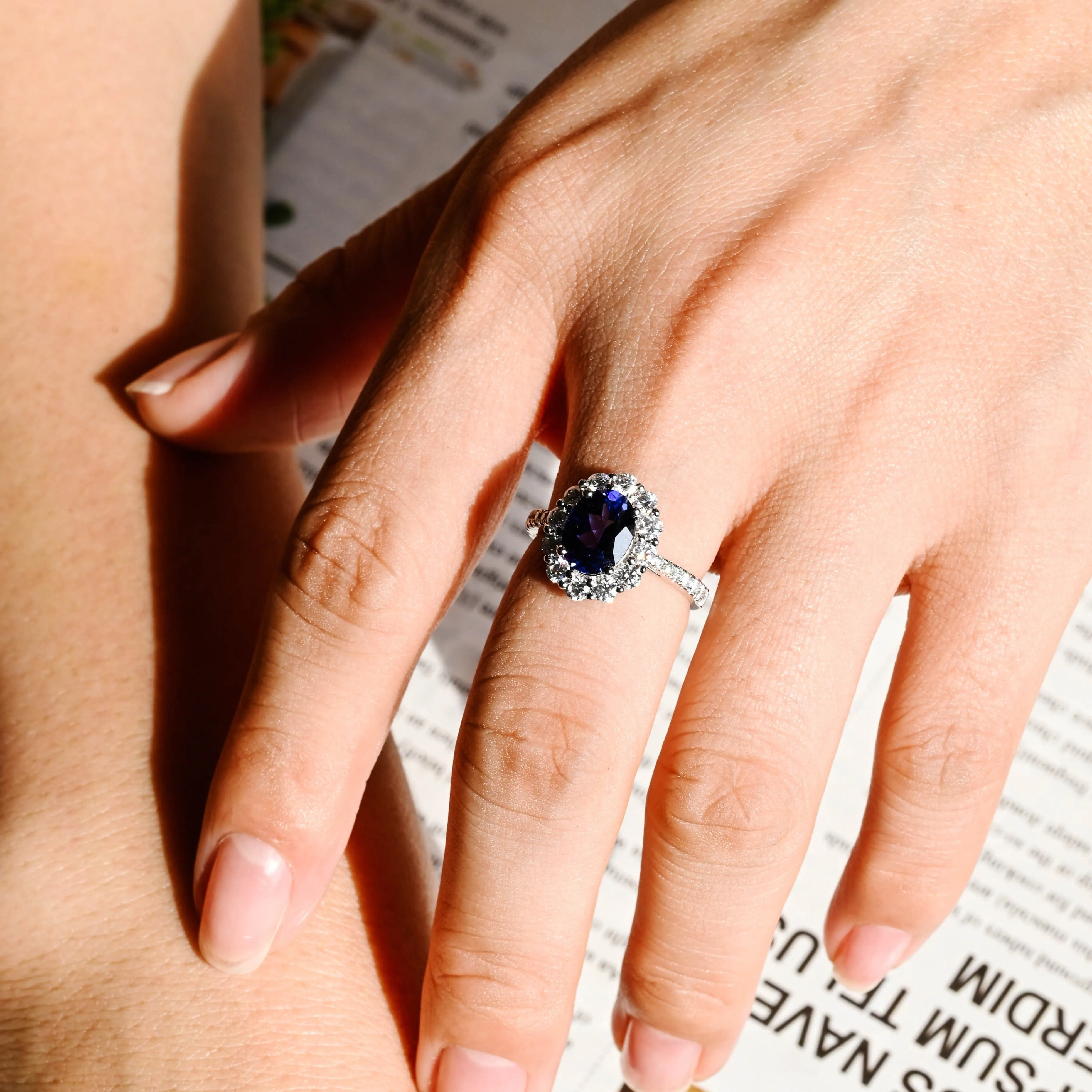Solid Gold Halo Oval Cut Lab Grown Blue Sapphire Engagement Ring sold by Causyou product image thumbnail 3