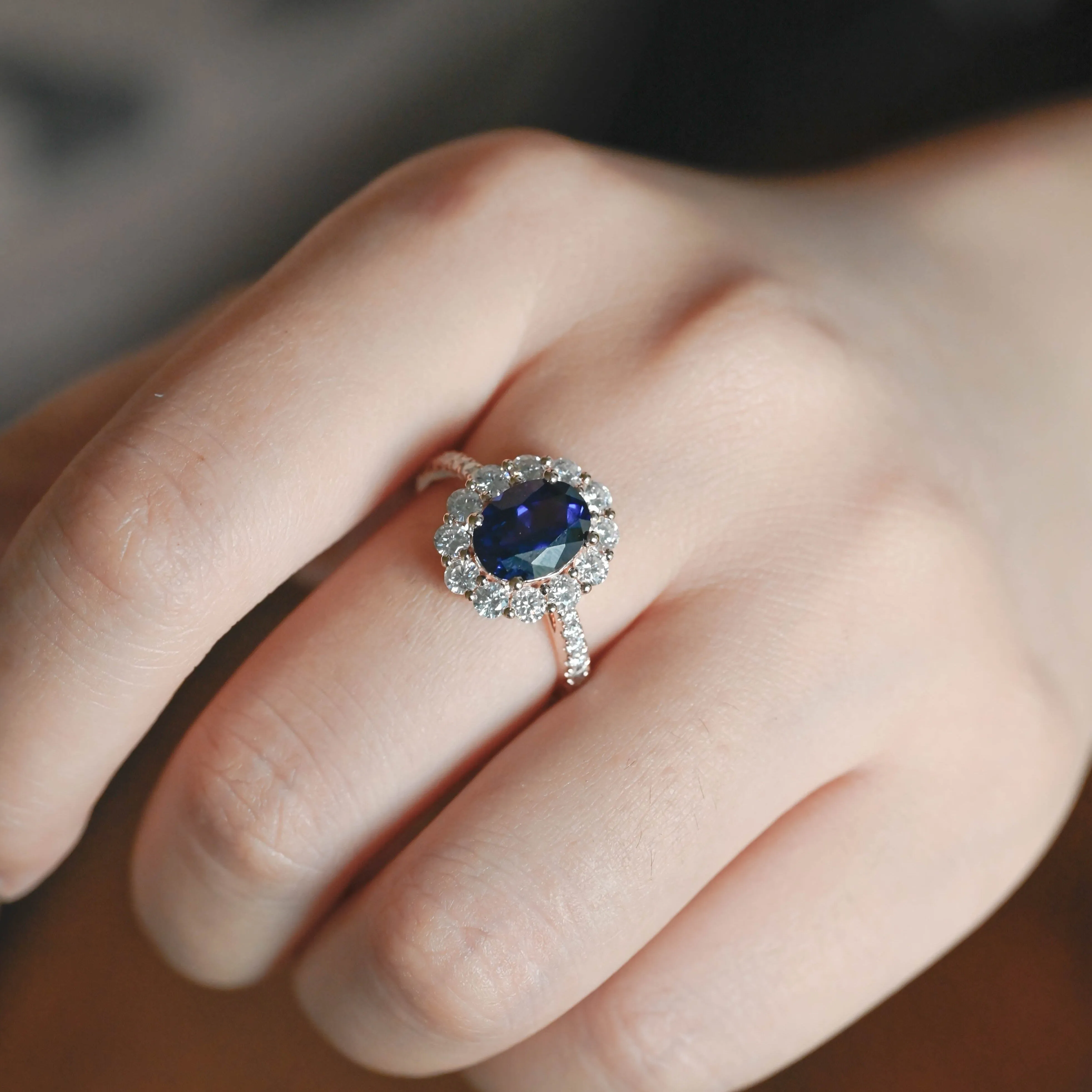 Solid Gold Halo Oval Cut Lab Grown Blue Sapphire Engagement Ring sold by Causyou product image thumbnail 4