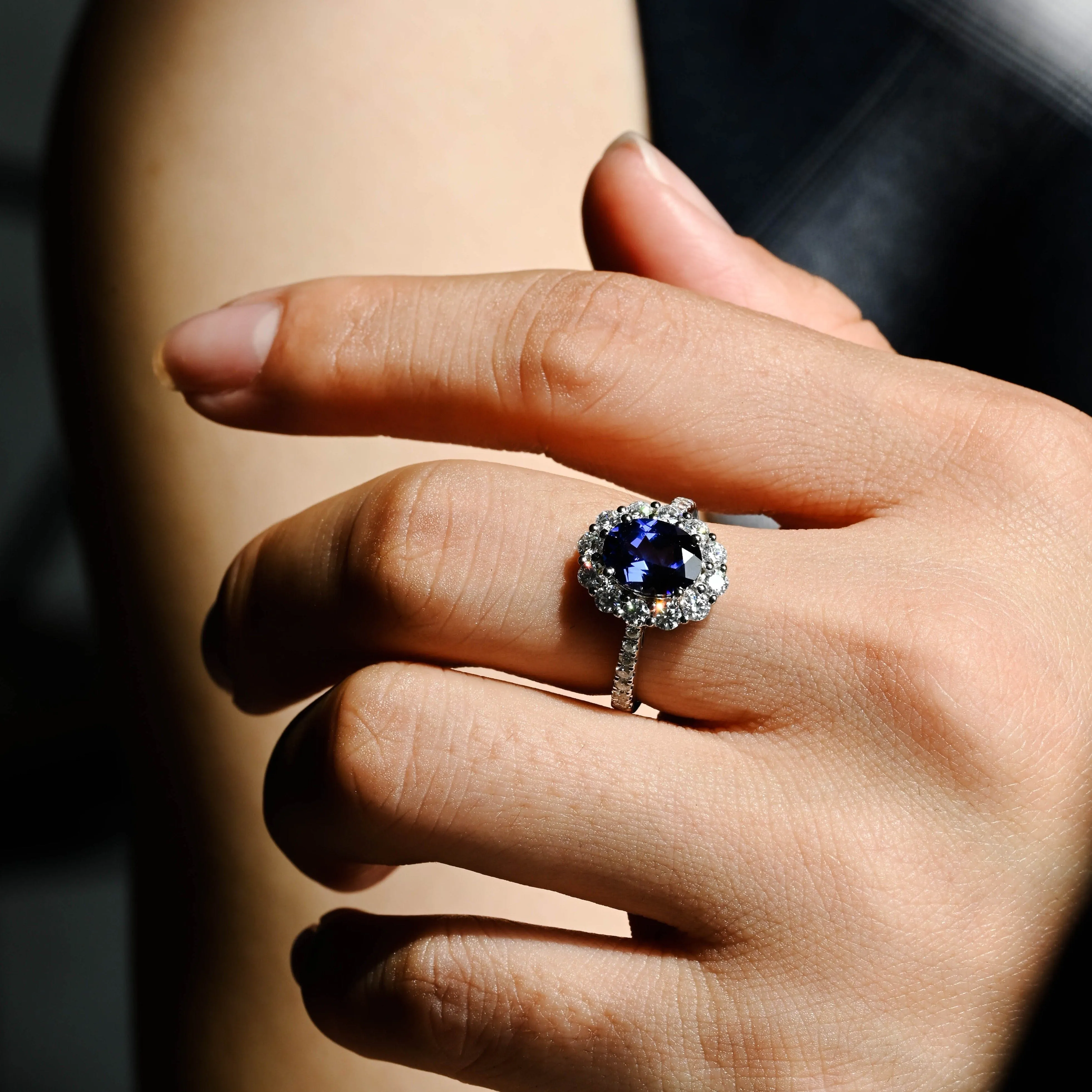 Solid Gold Halo Oval Cut Lab Grown Blue Sapphire Engagement Ring sold by Causyou product image thumbnail 2