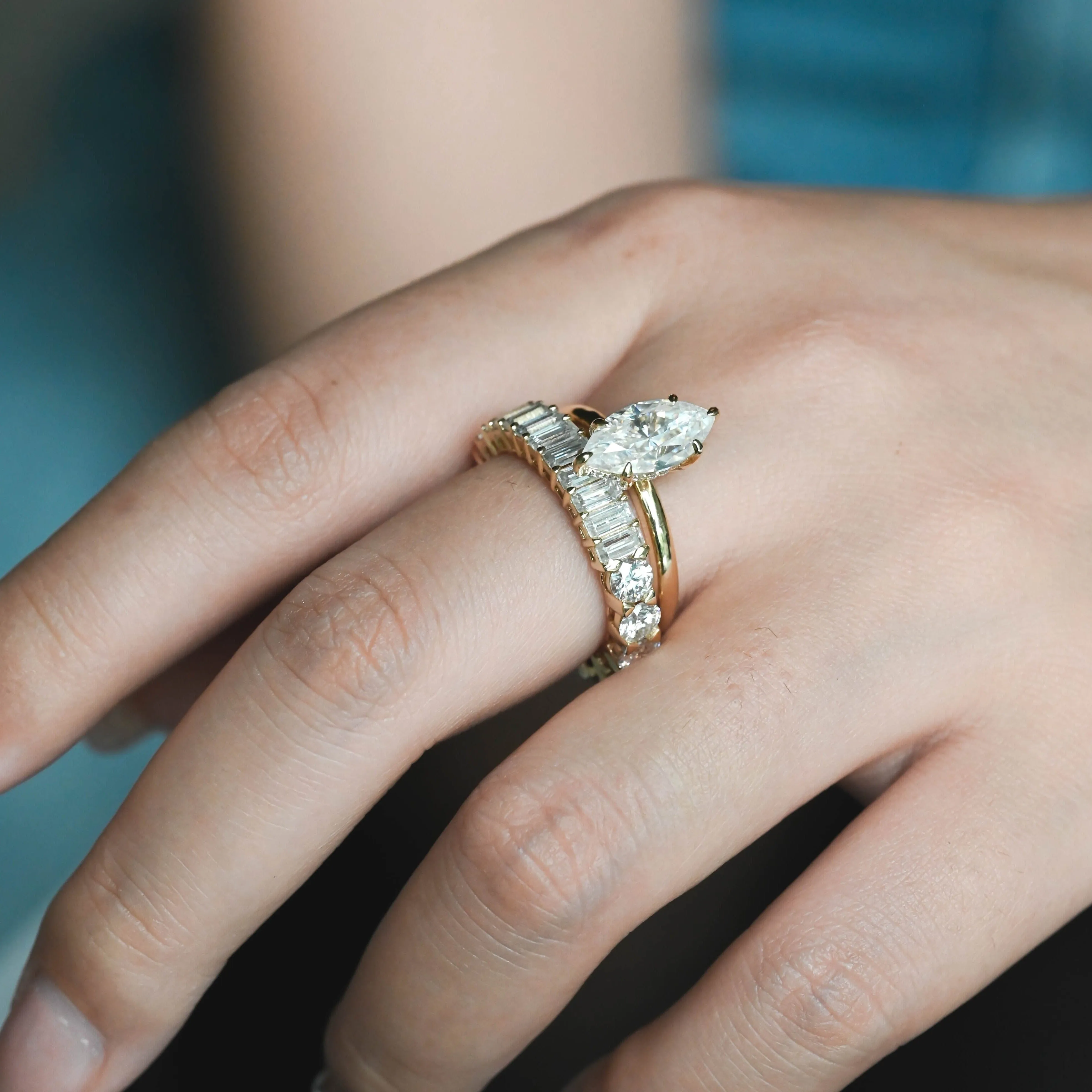 Solid Gold Hidden Halo Marquise Cut Moissanite Engagement Ring Set sold by Causyou product image thumbnail 4