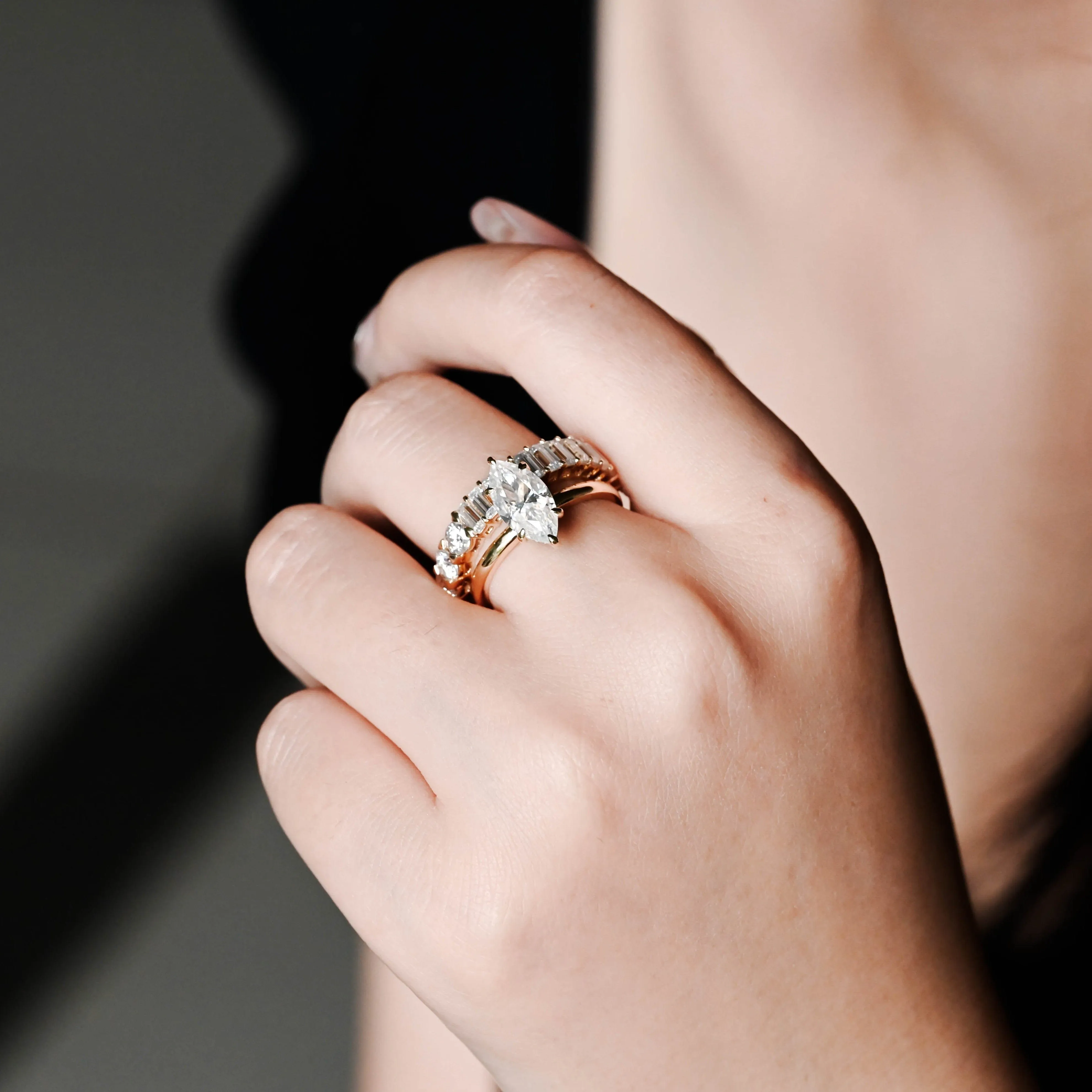 Solid Gold Hidden Halo Marquise Cut Moissanite Engagement Ring Set sold by Causyou product image thumbnail 2