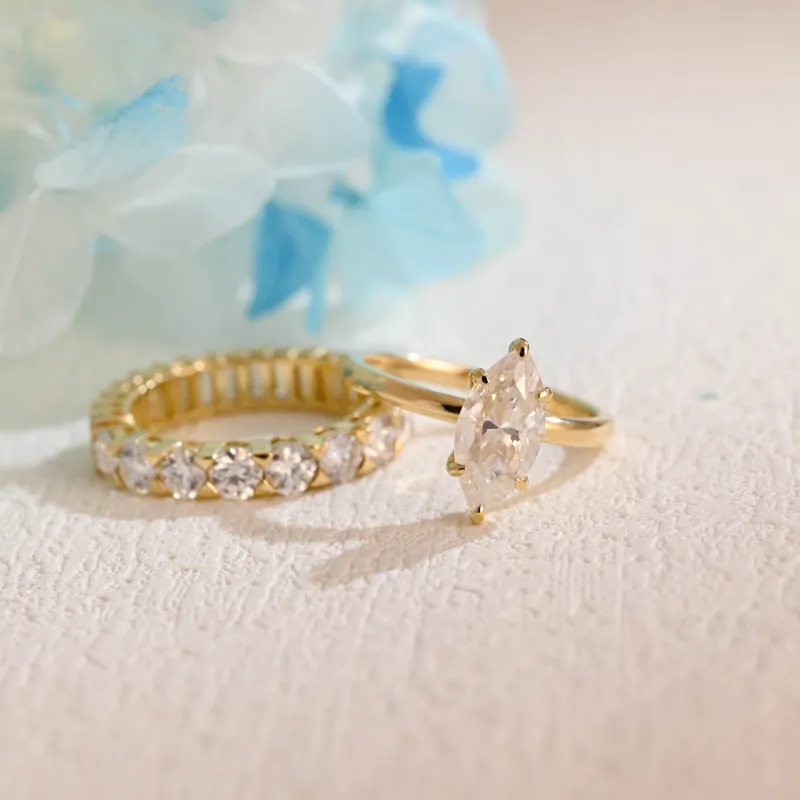 Solid Gold Hidden Halo Marquise Cut Moissanite Engagement Ring Set made by Causyou