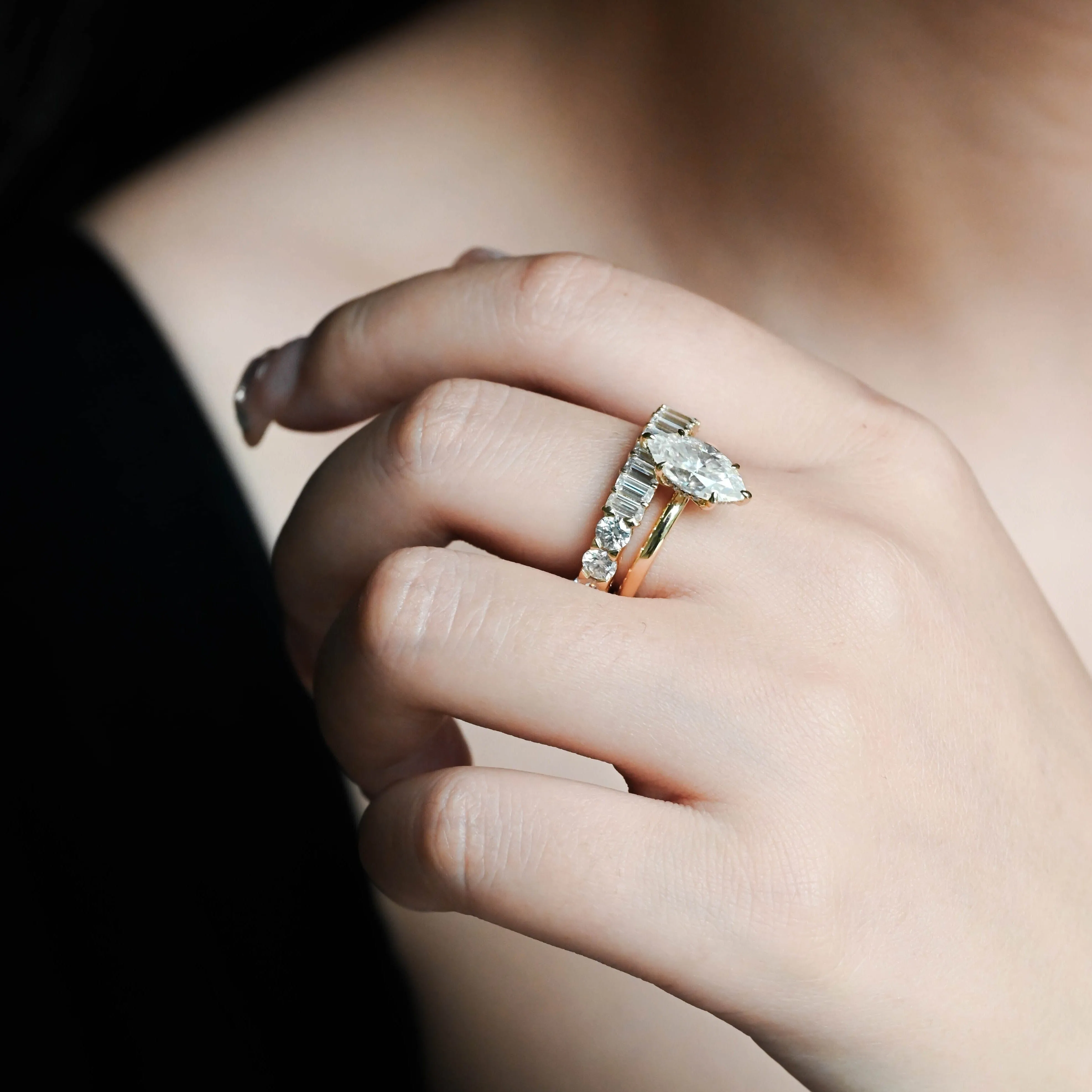 Solid Gold Hidden Halo Marquise Cut Moissanite Engagement Ring Set sold by Causyou product image thumbnail 3