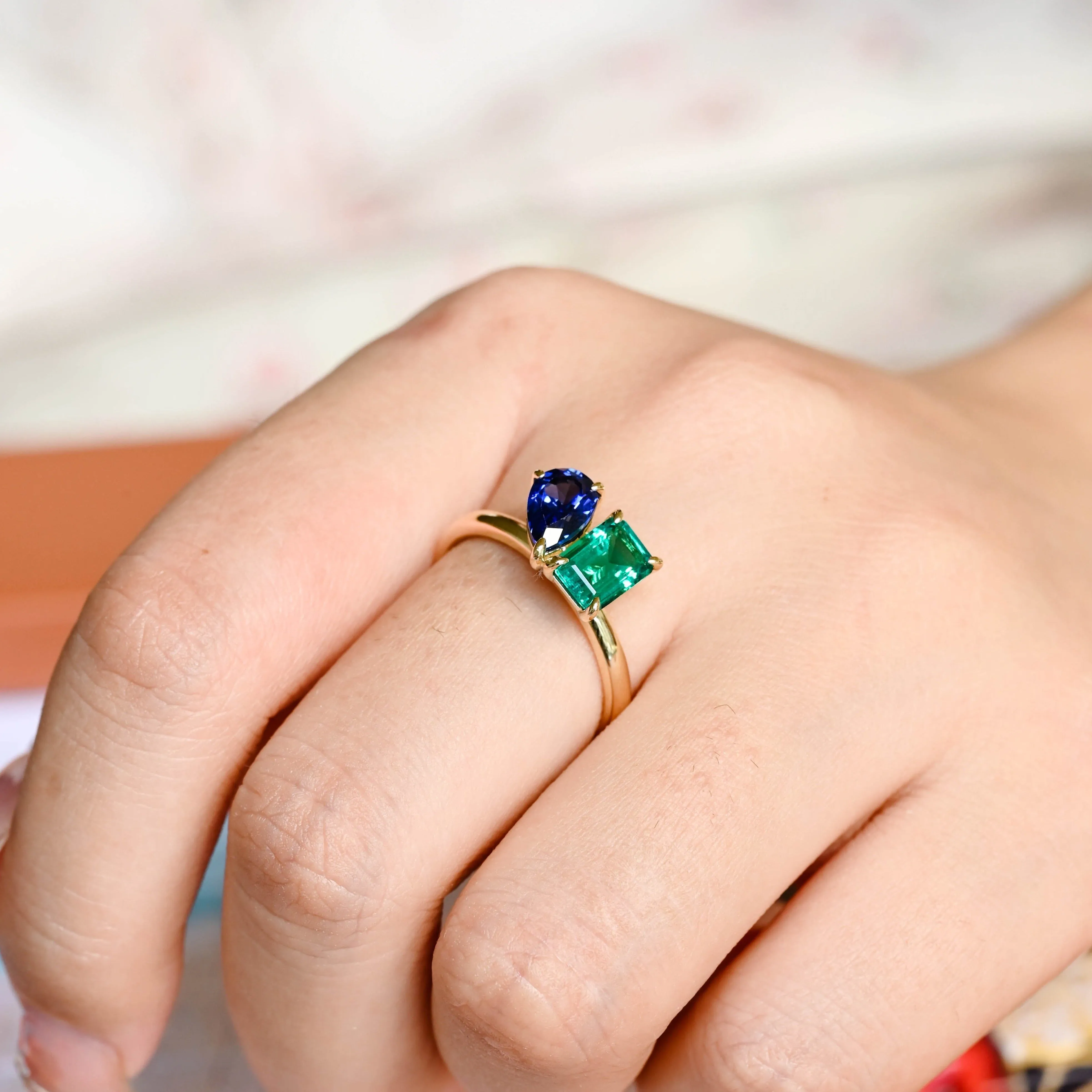 Solid Gold Toi Et Moi Ring, Lab Grown Emerald & Pear Cut Sapphire Engagement Ring, Promise Ring sold by Causyou product image thumbnail 4